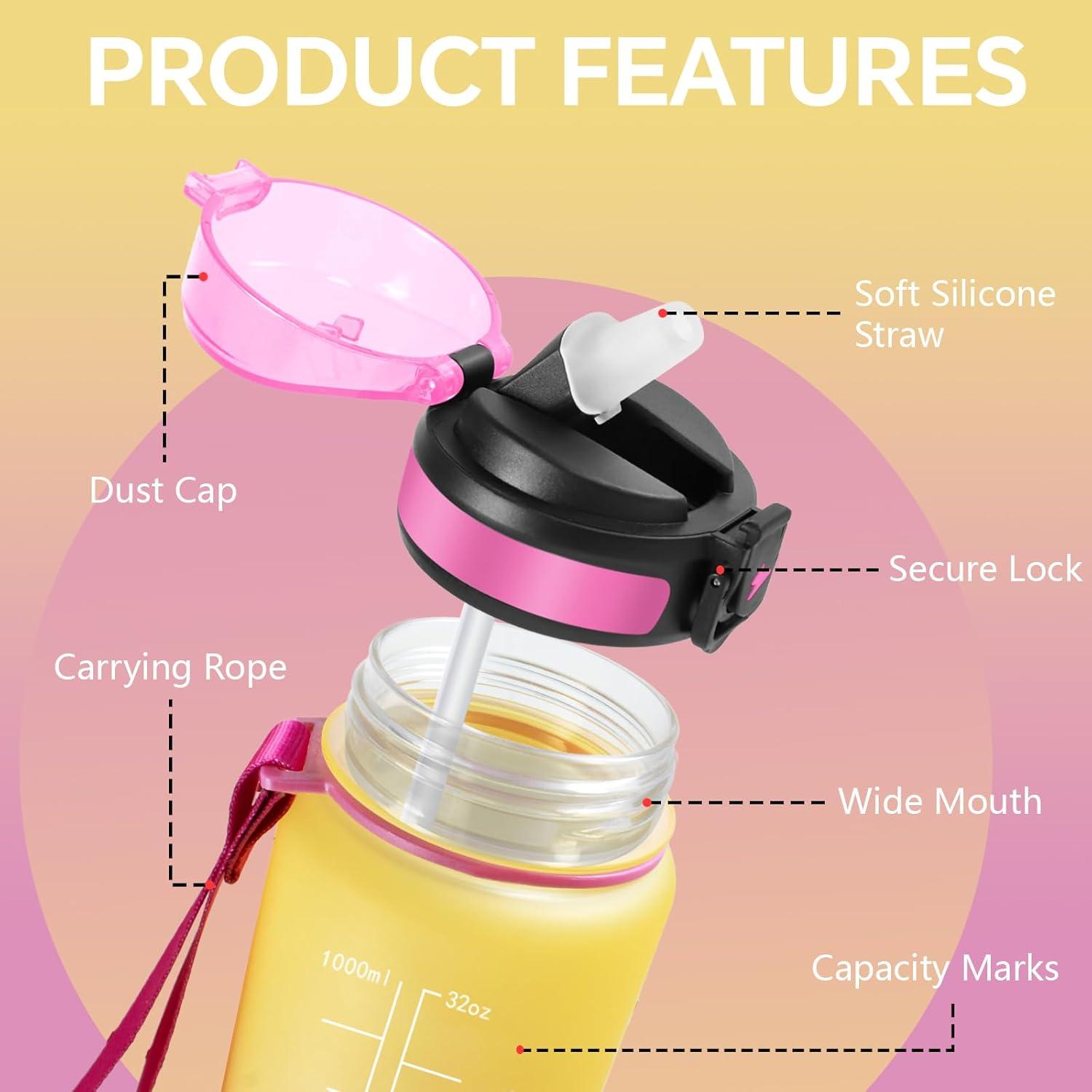 image:imageGrsta Gourde 1l Anti Fuite Gourde Sport avec Marqueur de Temps Gourdes avec Paille Verrou de Scurit Bouteille deau Motivationnelle pour Cyclisme Voyages YogaJaunerose