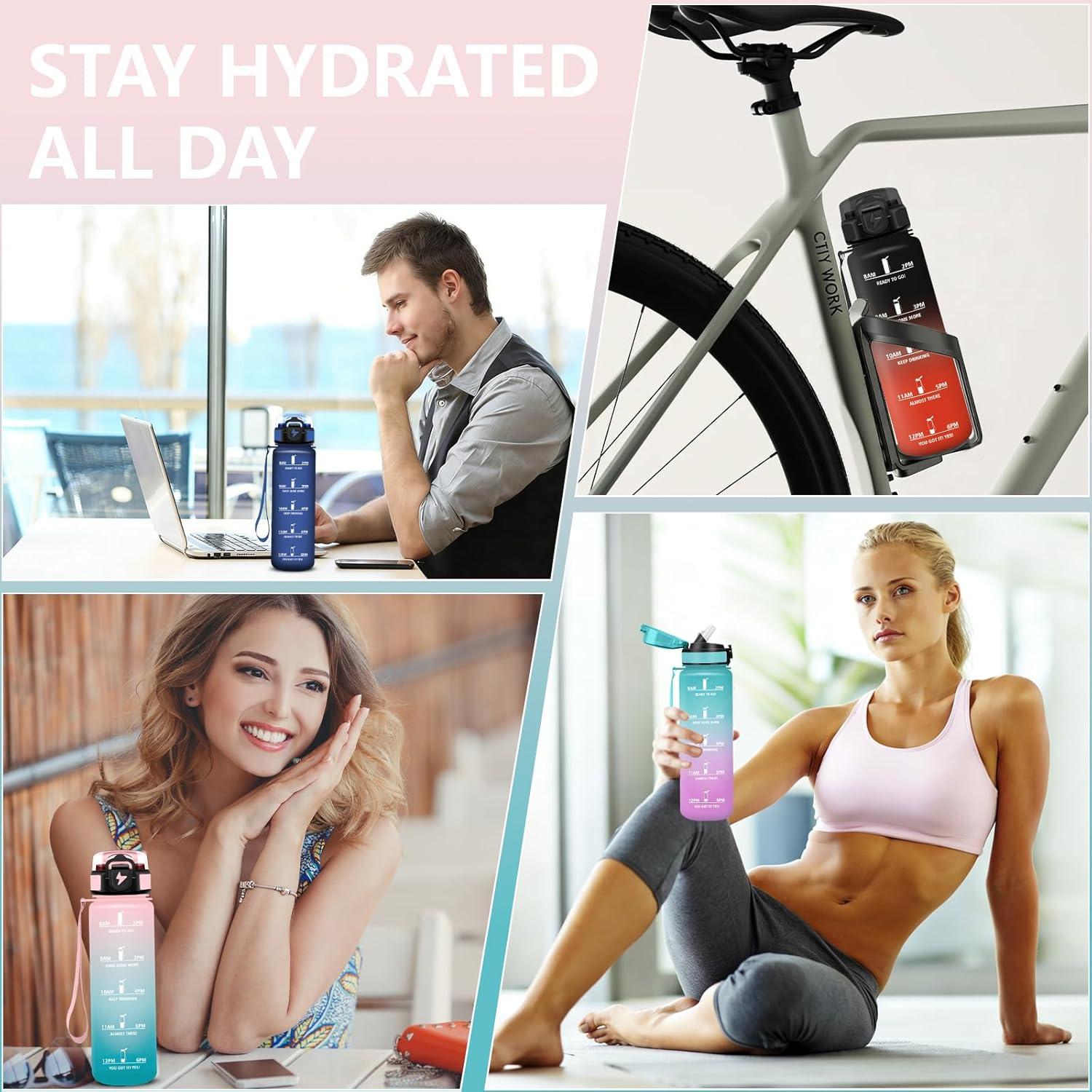 image:imageGrsta Gourde 1l Anti Fuite Gourde Sport avec Marqueur de Temps Gourdes avec Paille Verrou de Scurit Bouteille deau Motivationnelle pour Cyclisme Voyages YogaRosevert