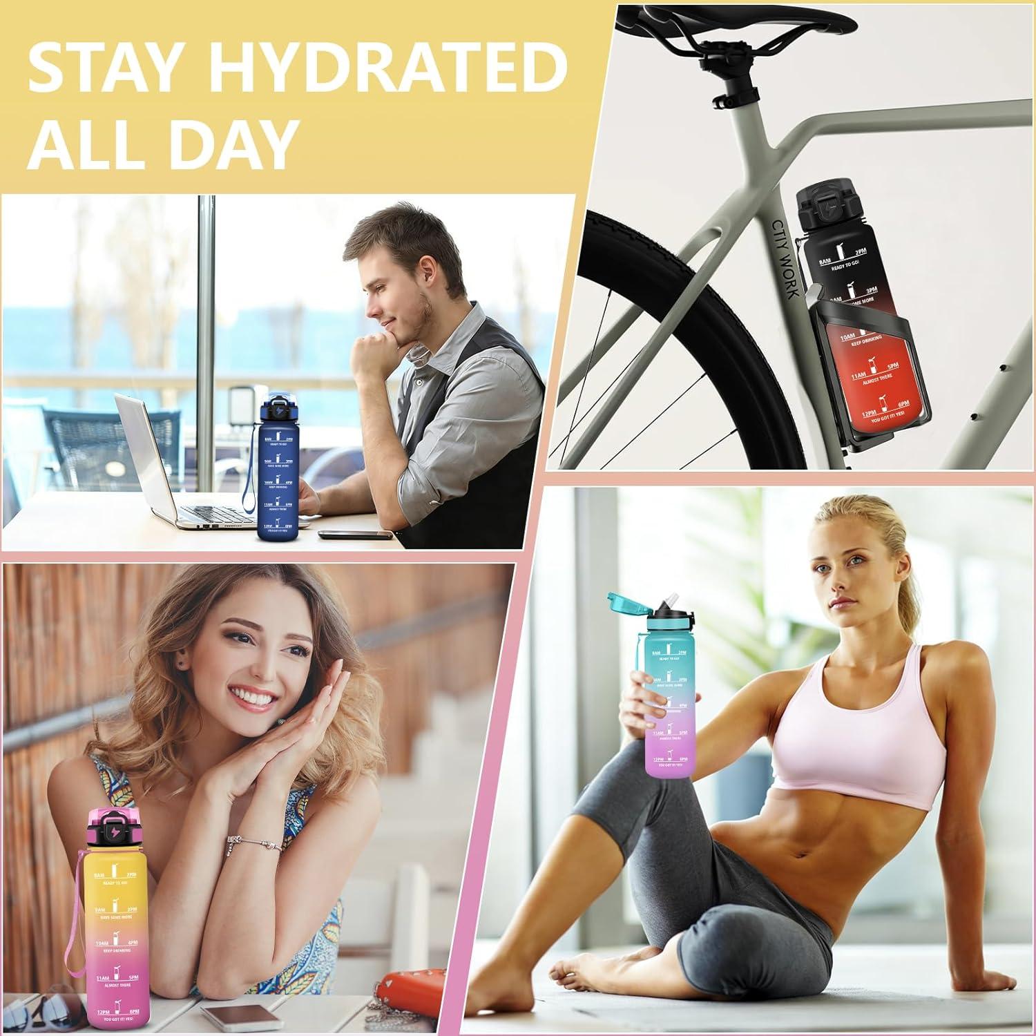 image:imageGrsta Gourde 1l Anti Fuite Gourde Sport avec Marqueur de Temps Gourdes avec Paille Verrou de Scurit Bouteille deau Motivationnelle pour Cyclisme Voyages YogaJaunerose