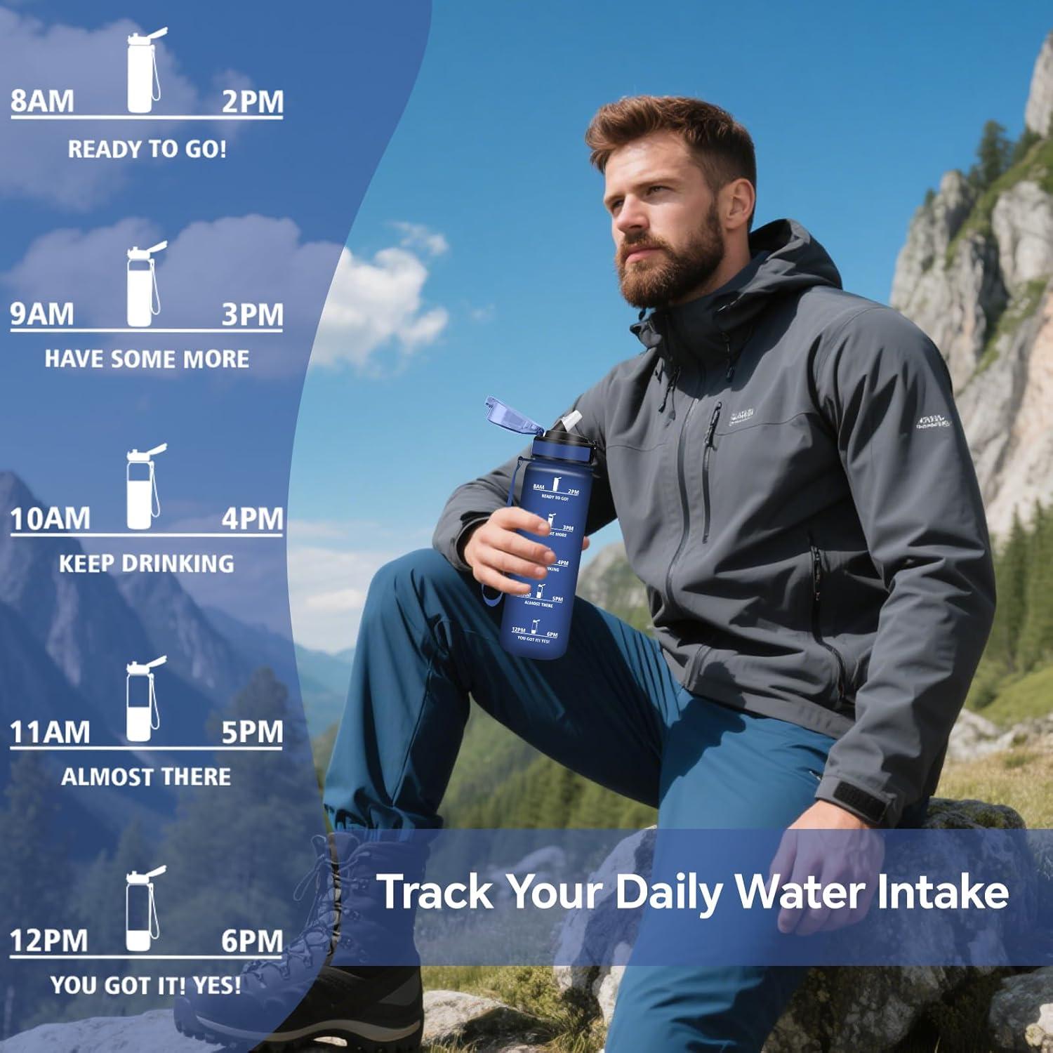 image:imageGrsta Gourde 1l Anti Fuite Gourde Sport avec Marqueur de Temps Gourdes avec Paille Verrou de Scurit Bouteille deau Motivationnelle pour Cyclisme Voyages YogaBleu Fonc