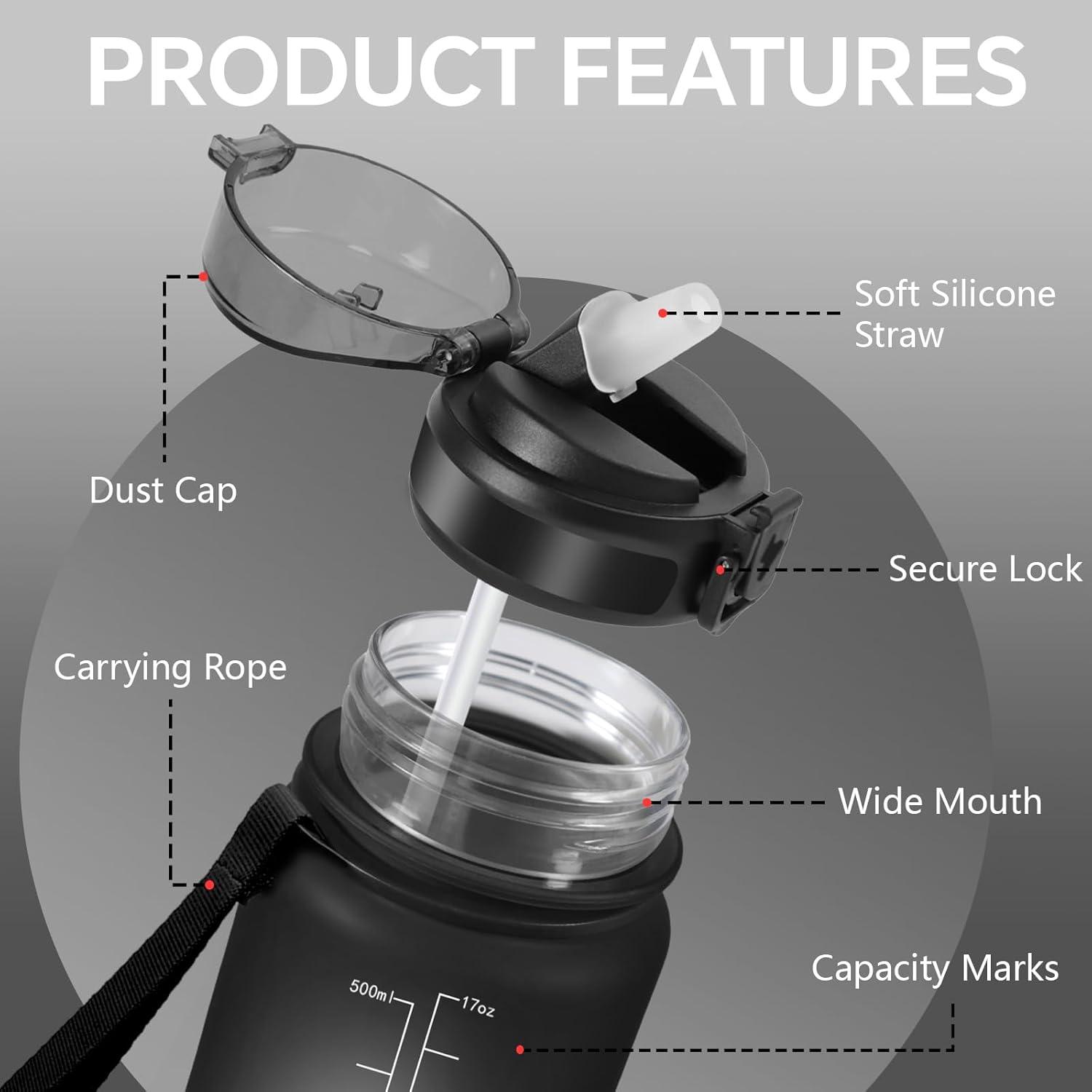 image:imageGrsta Gourde 1l Anti Fuite Gourde Sport avec Marqueur de Temps Gourdes avec Paille Verrou de Scurit Bouteille deau Motivationnelle pour Cyclisme Voyages YogaNoir