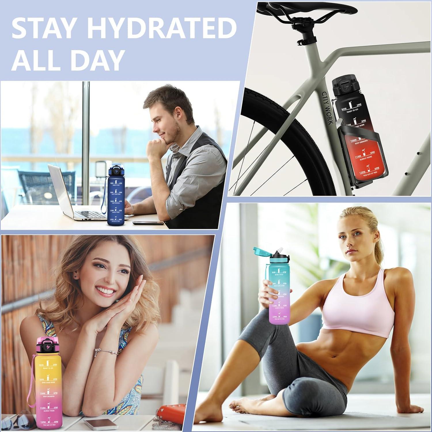 image:imageGrsta Gourde 1l Anti Fuite Gourde Sport avec Marqueur de Temps Gourdes avec Paille Verrou de Scurit Bouteille deau Motivationnelle pour Cyclisme Voyages YogaBleu Fonc