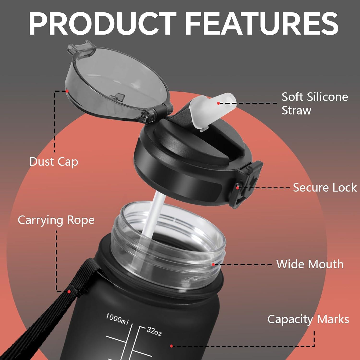 image:imageGrsta Gourde 1l Anti Fuite Gourde Sport avec Marqueur de Temps Gourdes avec Paille Verrou de Scurit Bouteille deau Motivationnelle pour Cyclisme Voyages YogaNoirrouge