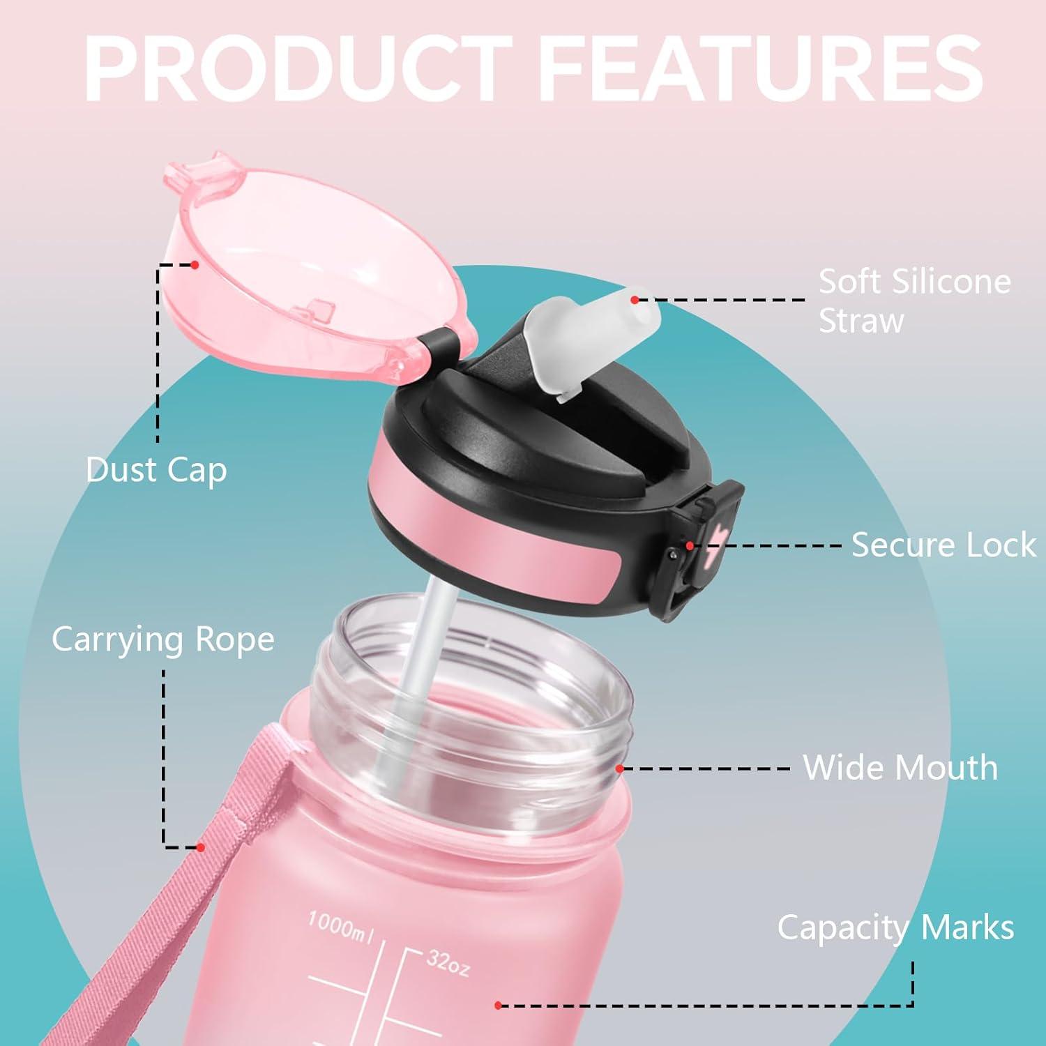 image:imageGrsta Gourde 1l Anti Fuite Gourde Sport avec Marqueur de Temps Gourdes avec Paille Verrou de Scurit Bouteille deau Motivationnelle pour Cyclisme Voyages YogaRosevert