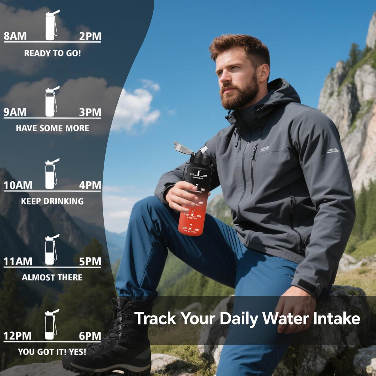 image:imageGrsta Gourde 1l Anti Fuite Gourde Sport avec Marqueur de Temps Gourdes avec Paille Verrou de Scurit Bouteille deau Motivationnelle pour Cyclisme Voyages YogaNoirrouge