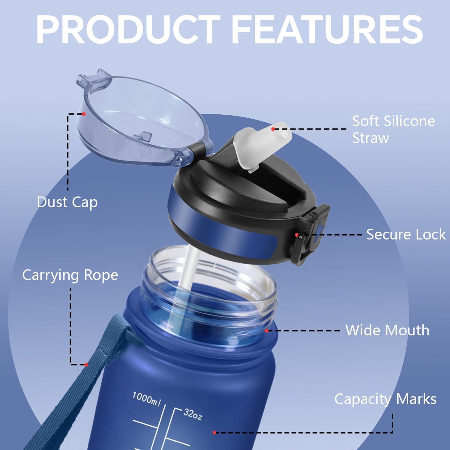 image:imageGrsta Gourde 1l Anti Fuite Gourde Sport avec Marqueur de Temps Gourdes avec Paille Verrou de Scurit Bouteille deau Motivationnelle pour Cyclisme Voyages YogaBleu Fonc