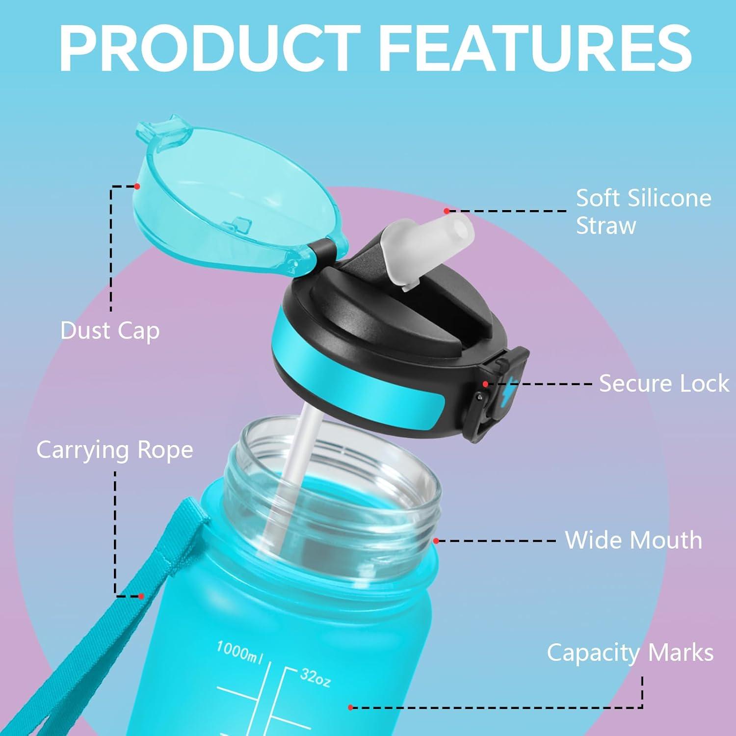 image:imageGrsta Gourde 1l Anti Fuite Gourde Sport avec Marqueur de Temps Gourdes avec Paille Verrou de Scurit Bouteille deau Motivationnelle pour Cyclisme Voyages YogaBleuviolet