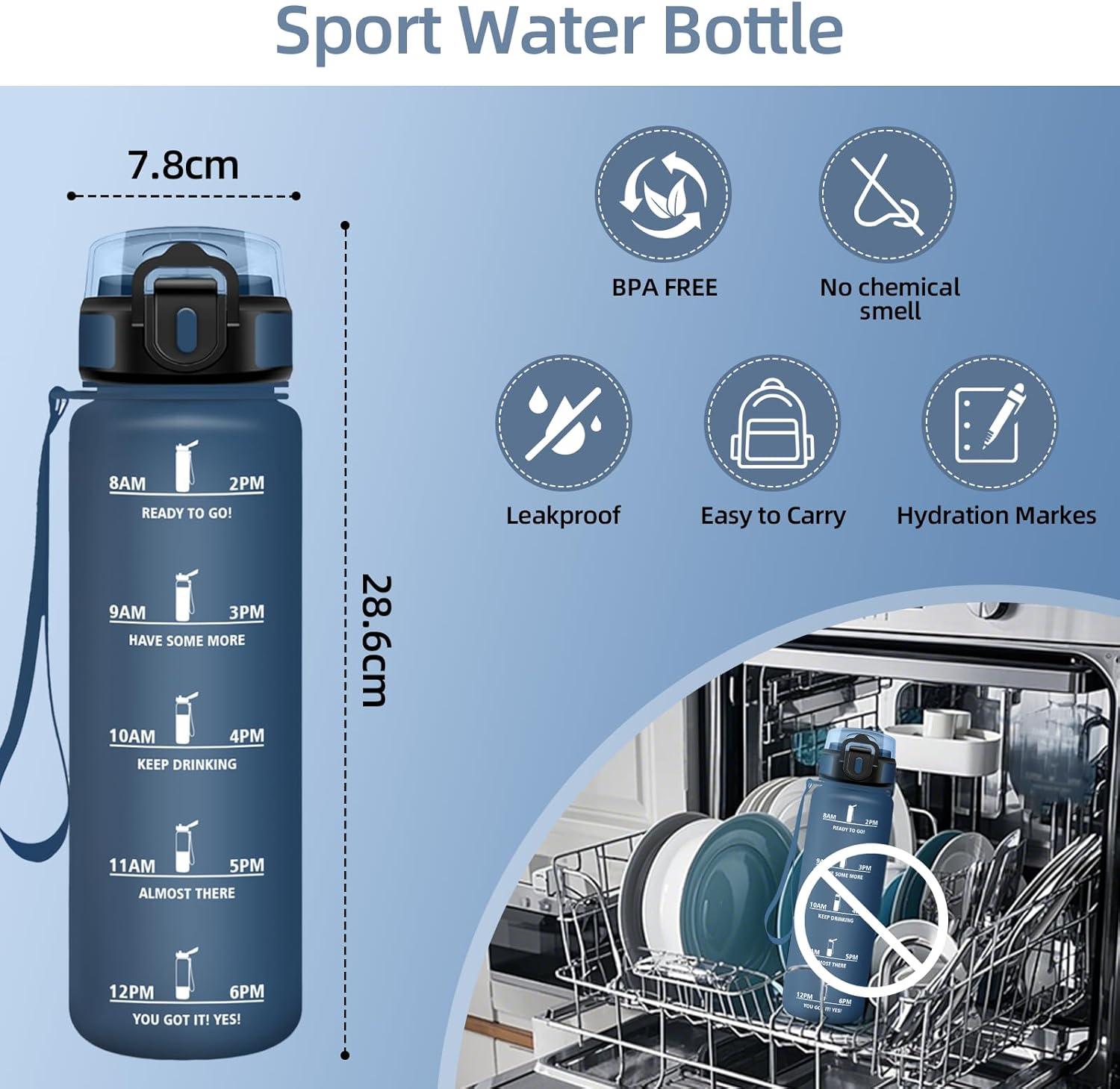 image:imageHoneyHolly Gourde Sport Conception tanche Gourde 500ml Avec chelle de Temps Bouteille Rutilisable Lgre Gourde Gradue pour La Course Pied Le Vlo Le Travail LcoleBleu Marine 1000ml