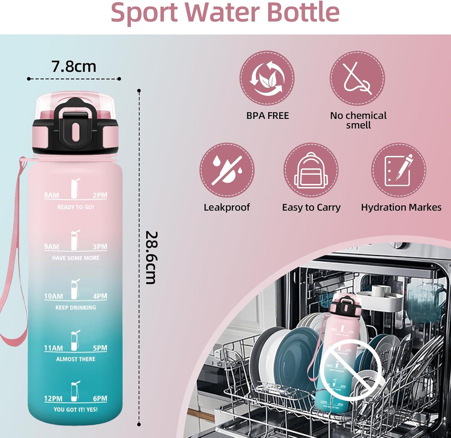 image:imageHoneyHolly Gourde Sport Conception tanche Gourde 500ml Avec chelle de Temps Bouteille Rutilisable Lgre Gourde Gradue pour La Course Pied Le Vlo Le Travail LcoleRose Cyan 1000ml