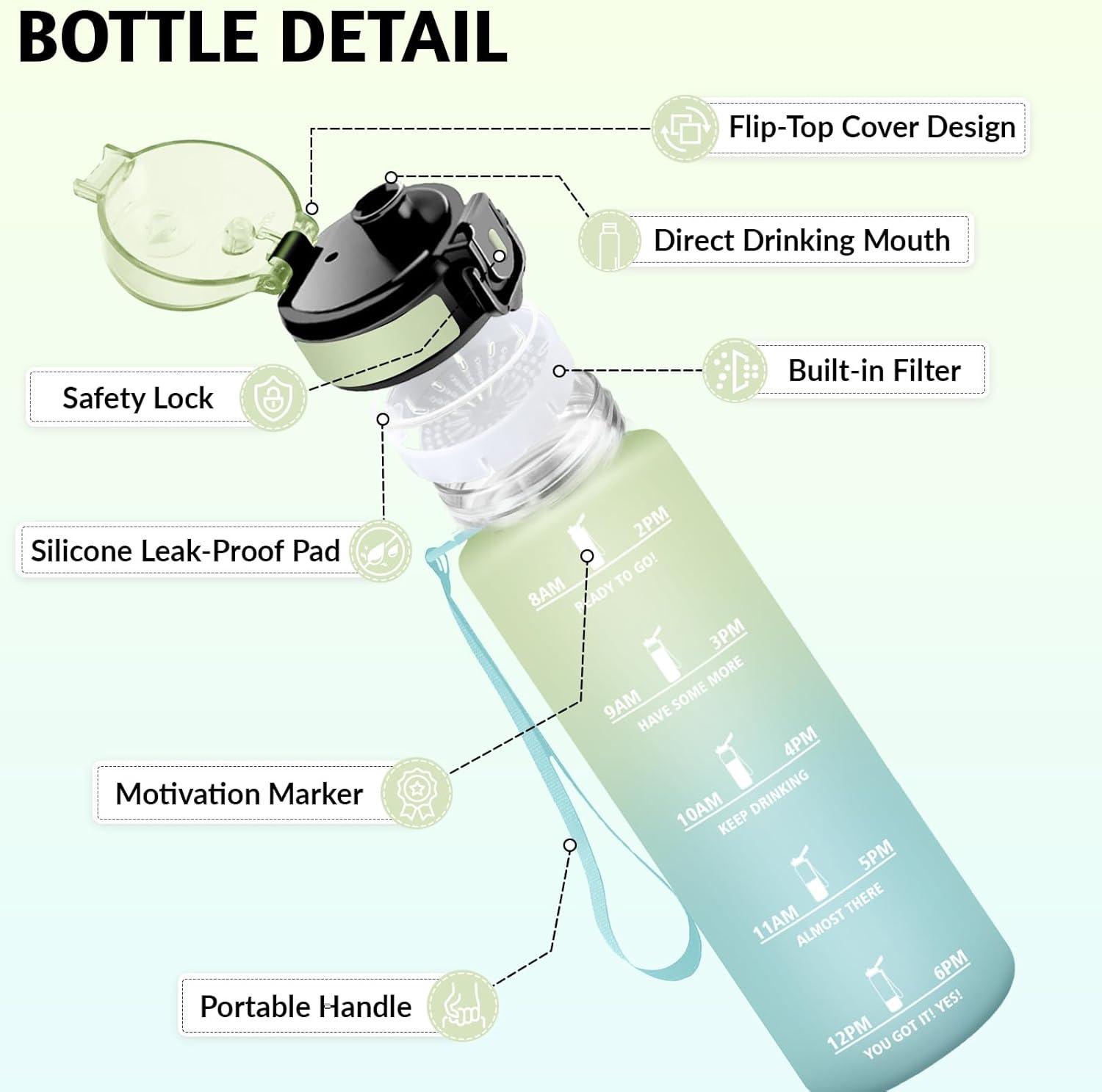 image:imageHoneyHolly Gourde Sport Conception tanche Gourde 500ml Avec chelle de Temps Bouteille Rutilisable Lgre Gourde Gradue pour La Course Pied Le Vlo Le Travail LcoleCiel Givr 1000ml