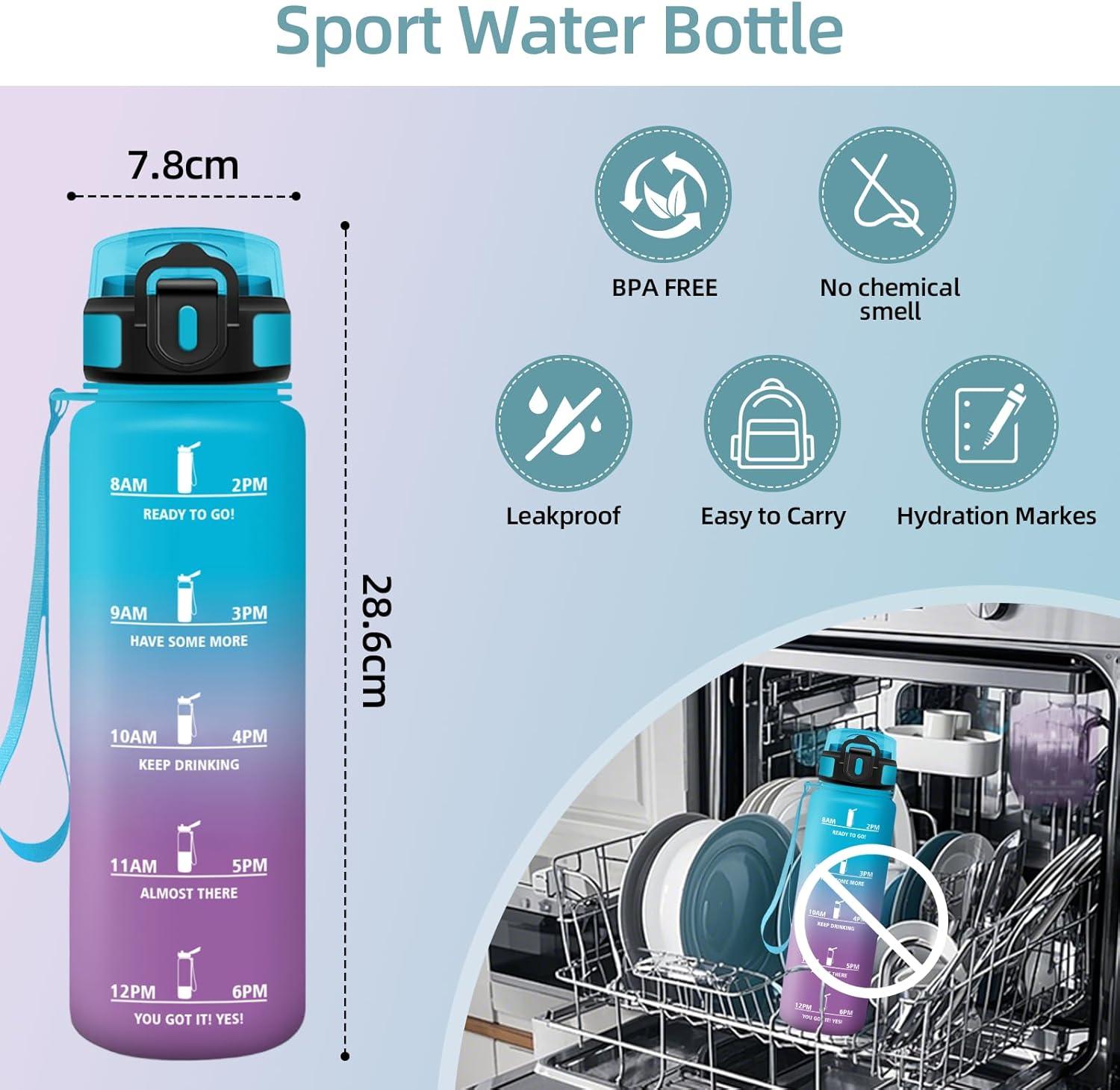 image:imageHoneyHolly Gourde Sport Conception tanche Gourde 500ml Avec chelle de Temps Bouteille Rutilisable Lgre Gourde Gradue pour La Course Pied Le Vlo Le Travail LcoleBleu Violet 1000ml