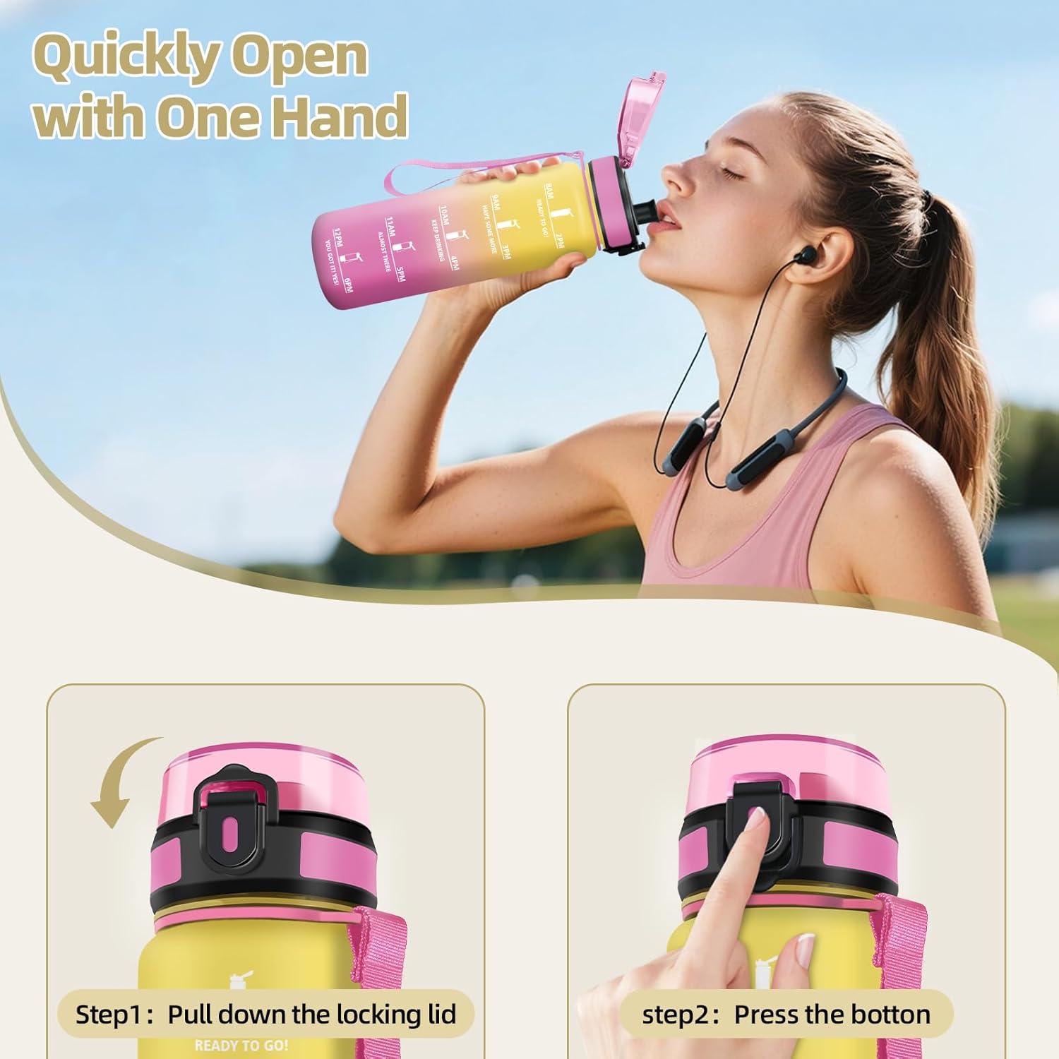 image:imageHoneyHolly Gourde Sport Conception tanche Gourde 500ml Avec chelle de Temps Bouteille Rutilisable Lgre Gourde Gradue pour La Course Pied Le Vlo Le Travail LcoleJaune Rose 1000ml
