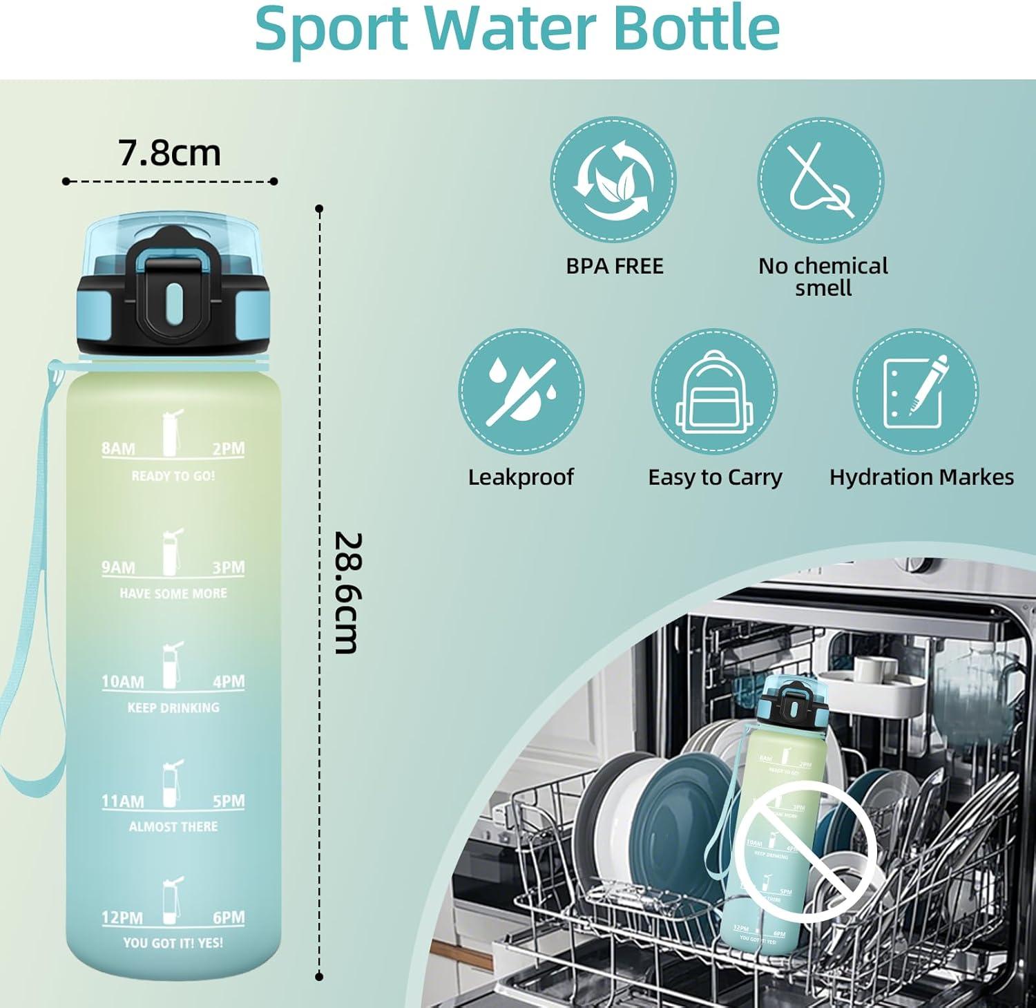 image:imageHoneyHolly Gourde Sport Conception tanche Gourde 500ml Avec chelle de Temps Bouteille Rutilisable Lgre Gourde Gradue pour La Course Pied Le Vlo Le Travail LcoleCiel Givr 1000ml
