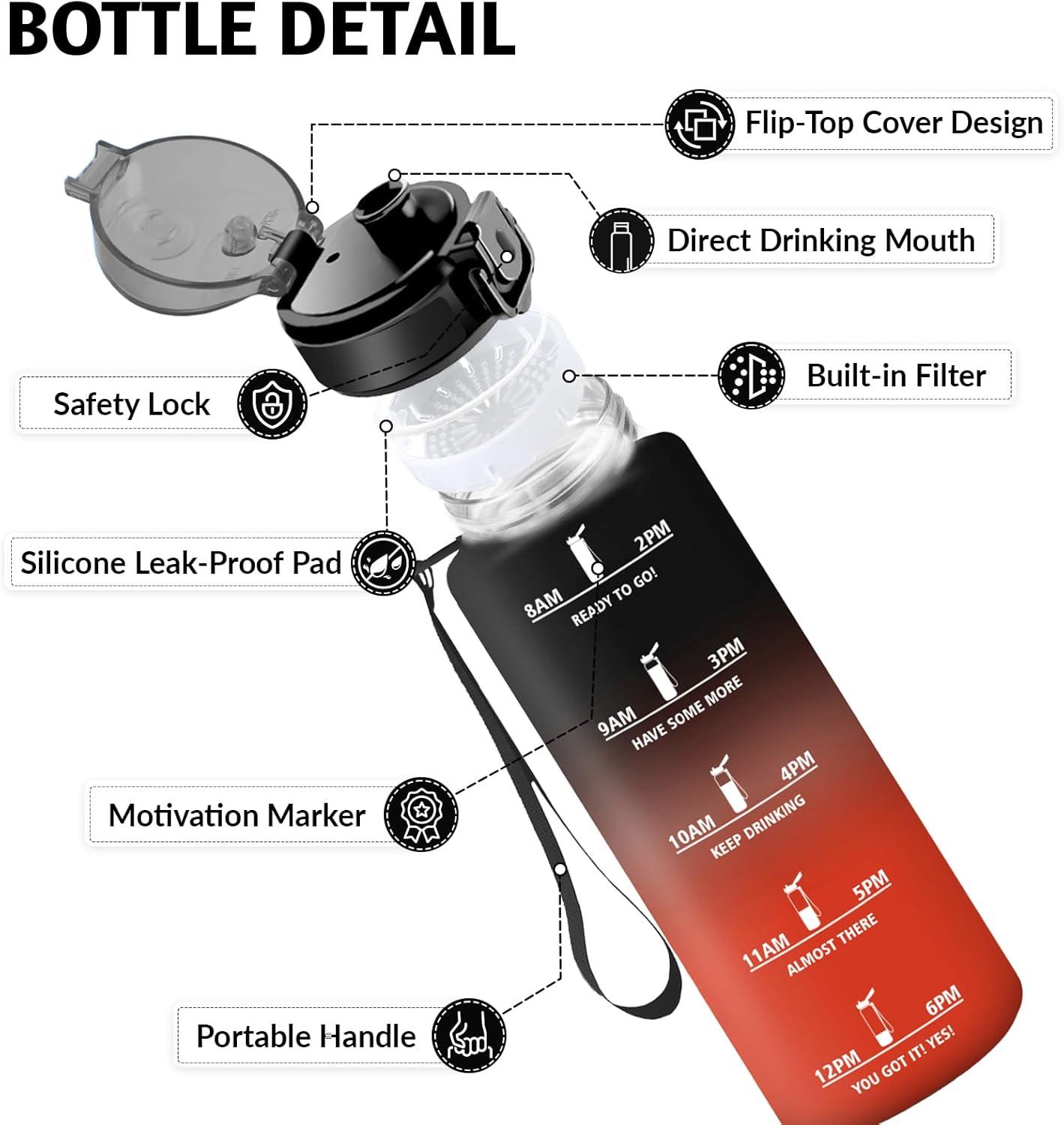 image:imageHoneyHolly Gourde Sport Conception tanche Gourde 500ml Avec chelle de Temps Bouteille Rutilisable Lgre Gourde Gradue pour La Course Pied Le Vlo Le Travail LcoleNoir Rouge 1500ml