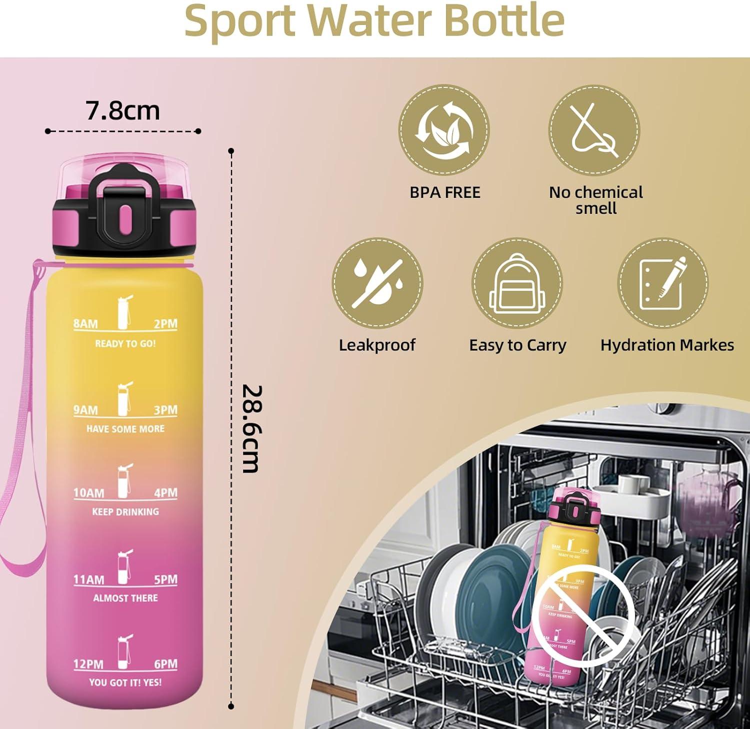 image:imageHoneyHolly Gourde Sport Conception tanche Gourde 500ml Avec chelle de Temps Bouteille Rutilisable Lgre Gourde Gradue pour La Course Pied Le Vlo Le Travail LcoleJaune Rose 1000ml