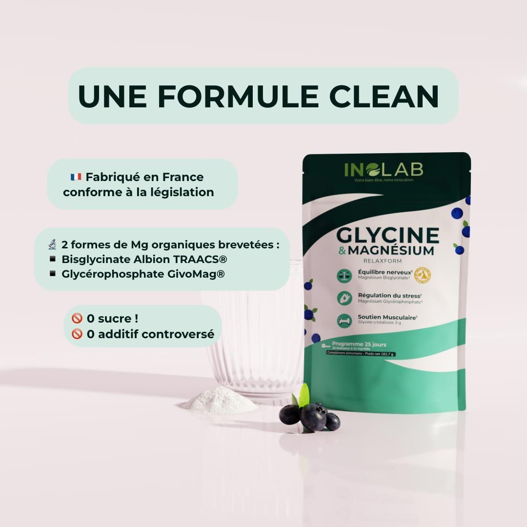 image:imageINOLAB I Relaxation Sommeil AntiStress I Glycine Cristallise 3g Magnsium Bisglycinate Albion TRAACS Givomag I 25 boissons la myrtille