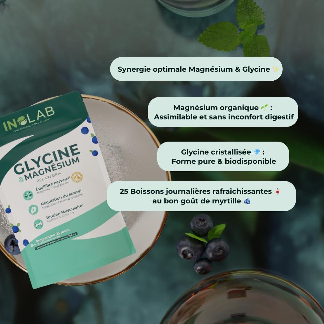 image:imageINOLAB I Relaxation Sommeil AntiStress I Glycine Cristallise 3g Magnsium Bisglycinate Albion TRAACS Givomag I 25 boissons la myrtille