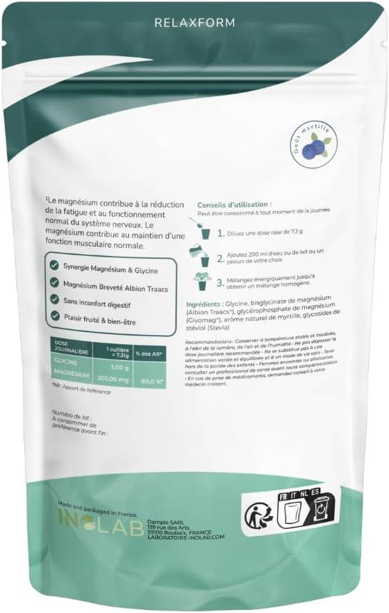 image:imageINOLAB I Relaxation Sommeil AntiStress I Glycine Cristallise 3g Magnsium Bisglycinate Albion TRAACS Givomag I 25 boissons la myrtille