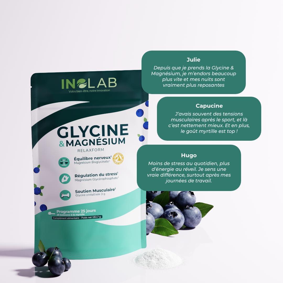 image:imageINOLAB I Relaxation Sommeil AntiStress I Glycine Cristallise 3g Magnsium Bisglycinate Albion TRAACS Givomag I 25 boissons la myrtille