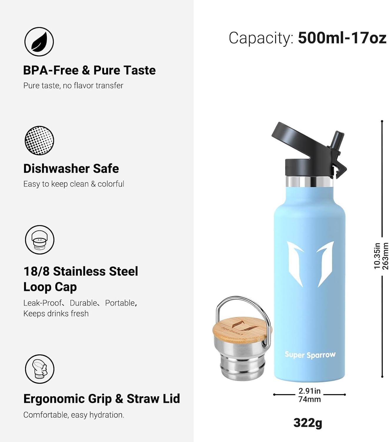 image:imageSuper Sparrow Gourde Isotherme Bouteille Isotherme 350ml500ml 620ml750ml1L tanche Sport Gourde INOX Bouche Standard Gourde Enfant sans BPA Pour Plein Air amp Quotidien Avec 2 BouchonsLe Givre
