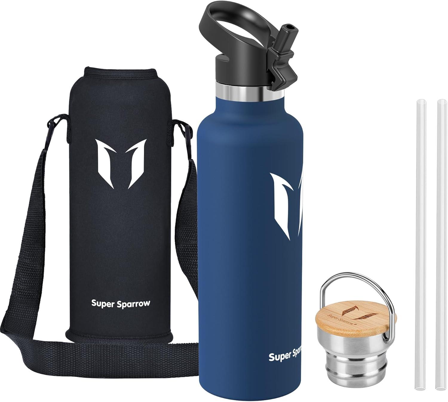 image:imageSuper Sparrow Gourde Isotherme Bouteille Isotherme 350ml500ml 620ml750ml1L tanche Sport Gourde INOX Bouche Standard Gourde Enfant sans BPA Pour Plein Air amp Quotidien Avec 2 BouchonsCobalt