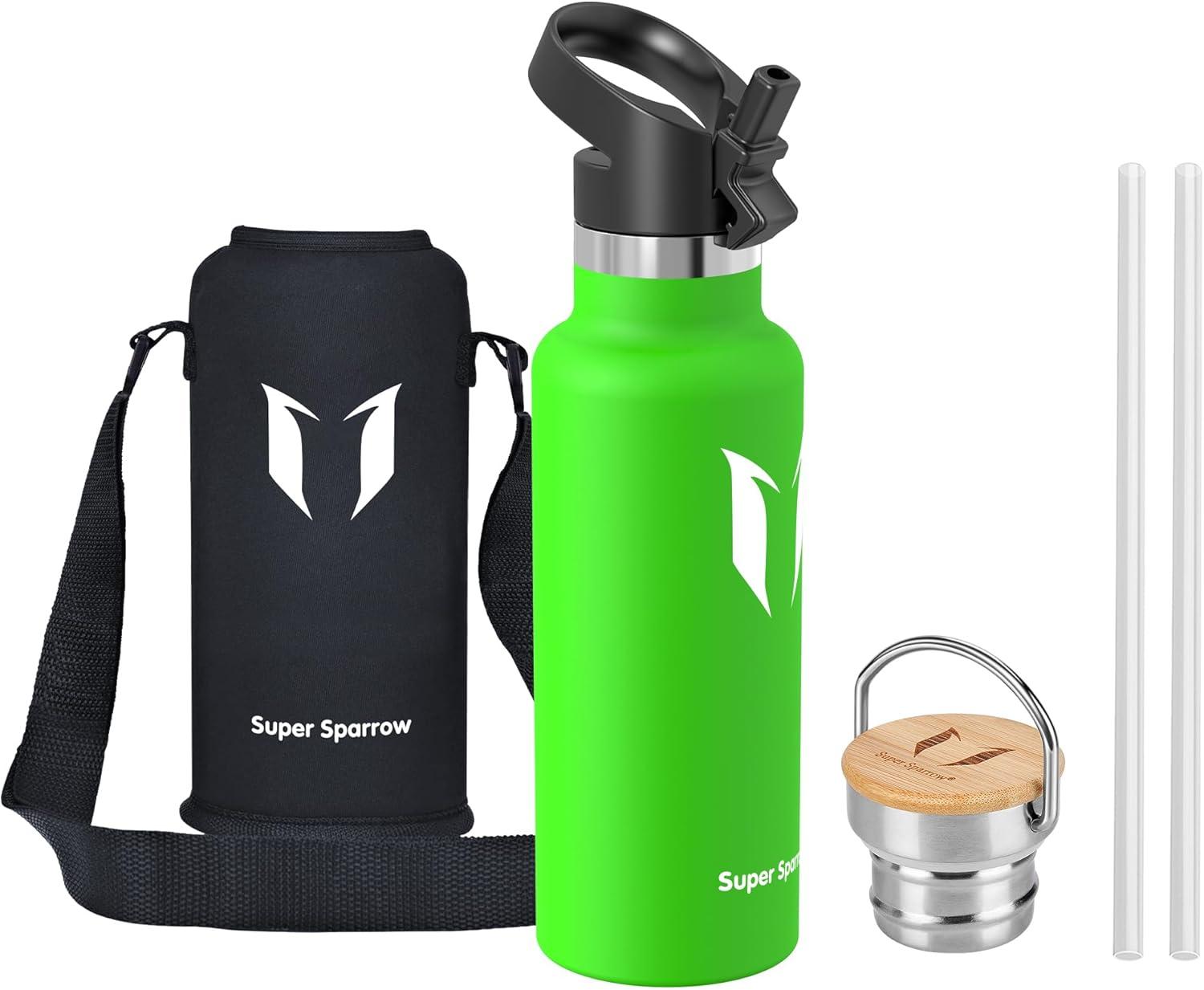 image:imageSuper Sparrow Gourde Isotherme Bouteille Isotherme 350ml500ml 620ml750ml1L tanche Sport Gourde INOX Bouche Standard Gourde Enfant sans BPA Pour Plein Air amp Quotidien Avec 2 BouchonsPomme Verte