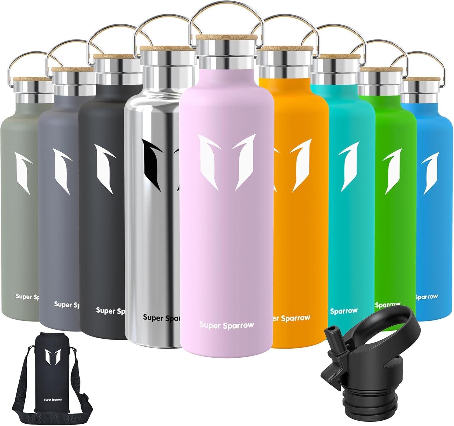 image:imageSuper Sparrow Gourde Isotherme Bouteille Isotherme 350ml500ml 620ml750ml1L tanche Sport Gourde INOX Bouche Standard Gourde Enfant sans BPA Pour Plein Air amp Quotidien Avec 2 BouchonsFleurs de Cerisier