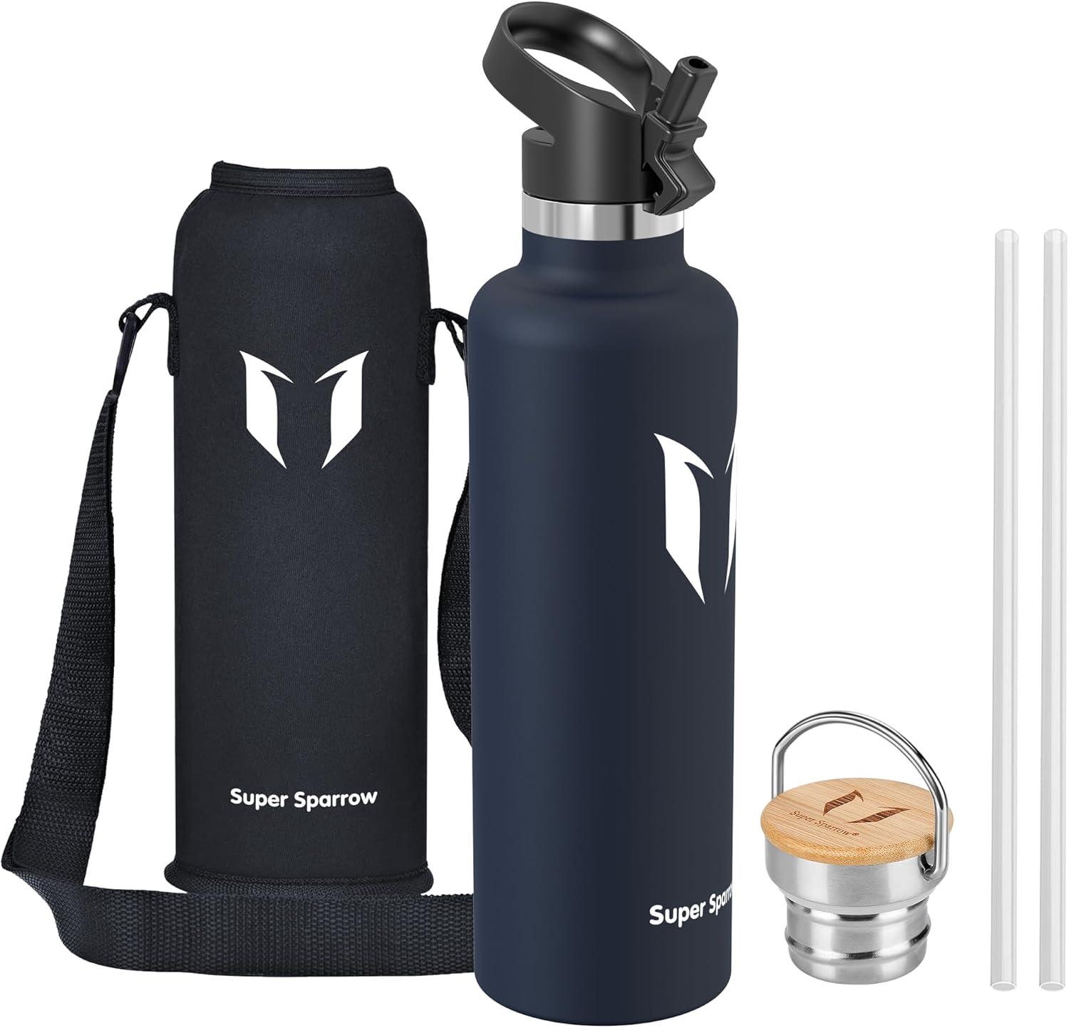 image:imageSuper Sparrow Gourde Isotherme Bouteille Isotherme 350ml500ml 620ml750ml1L tanche Sport Gourde INOX Bouche Standard Gourde Enfant sans BPA Pour Plein Air amp Quotidien Avec 2 BouchonsMer Bleue