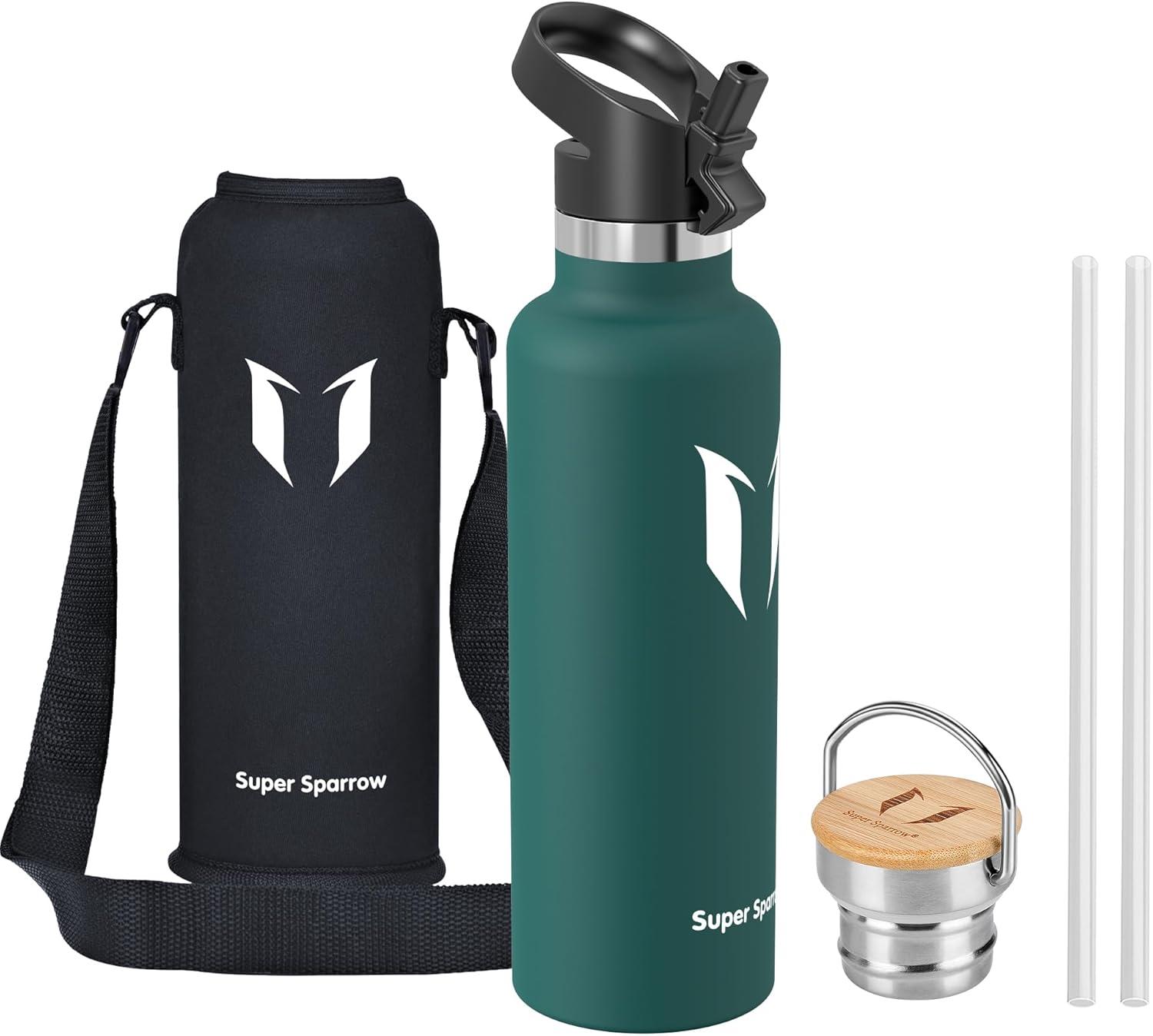 image:imageSuper Sparrow Gourde Isotherme Bouteille Isotherme 350ml500ml 620ml750ml1L tanche Sport Gourde INOX Bouche Standard Gourde Enfant sans BPA Pour Plein Air amp Quotidien Avec 2 BouchonsVert Fonc