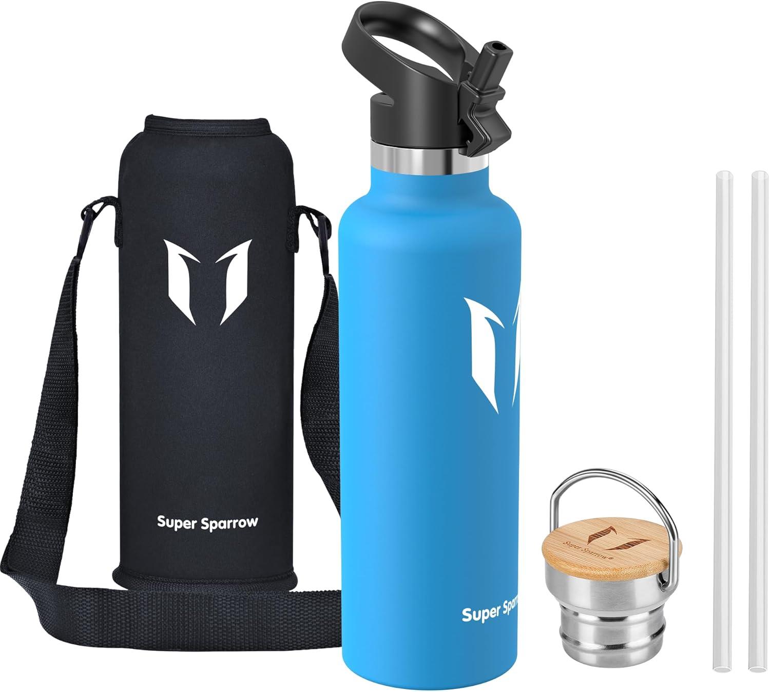 image:imageSuper Sparrow Gourde Isotherme Bouteille Isotherme 350ml500ml 620ml750ml1L tanche Sport Gourde INOX Bouche Standard Gourde Enfant sans BPA Pour Plein Air amp Quotidien Avec 2 BouchonsBleu