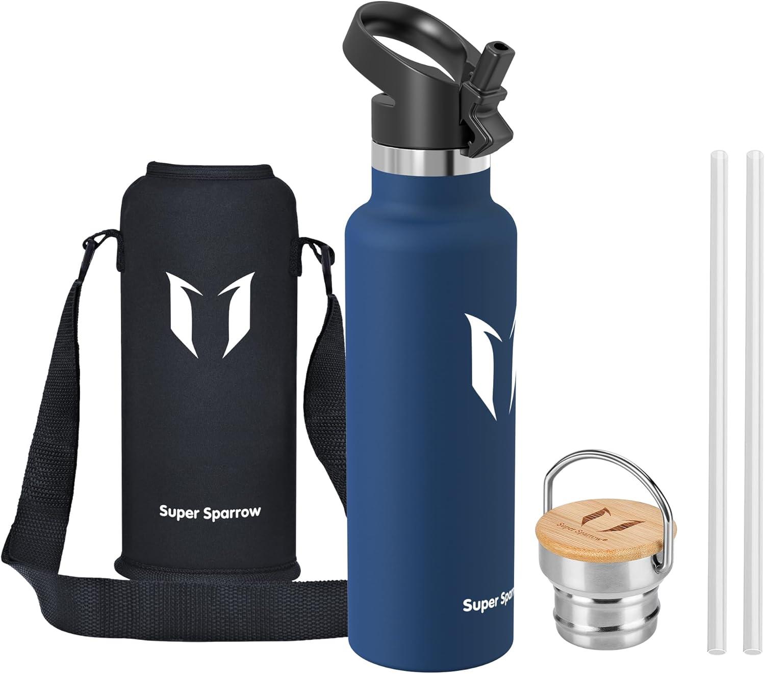 image:imageSuper Sparrow Gourde Isotherme Bouteille Isotherme 350ml500ml 620ml750ml1L tanche Sport Gourde INOX Bouche Standard Gourde Enfant sans BPA Pour Plein Air amp Quotidien Avec 2 BouchonsCobalt