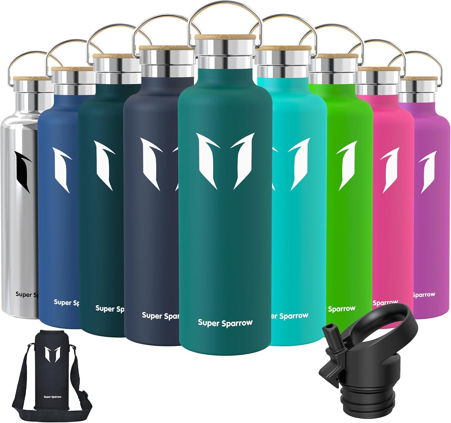 image:imageSuper Sparrow Gourde Isotherme Bouteille Isotherme 350ml500ml 620ml750ml1L tanche Sport Gourde INOX Bouche Standard Gourde Enfant sans BPA Pour Plein Air amp Quotidien Avec 2 BouchonsVert Fonc