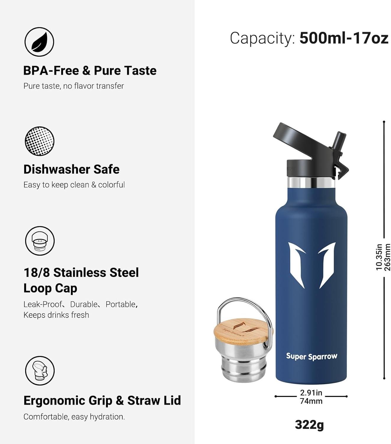 image:imageSuper Sparrow Gourde Isotherme Bouteille Isotherme 350ml500ml 620ml750ml1L tanche Sport Gourde INOX Bouche Standard Gourde Enfant sans BPA Pour Plein Air amp Quotidien Avec 2 BouchonsCobalt