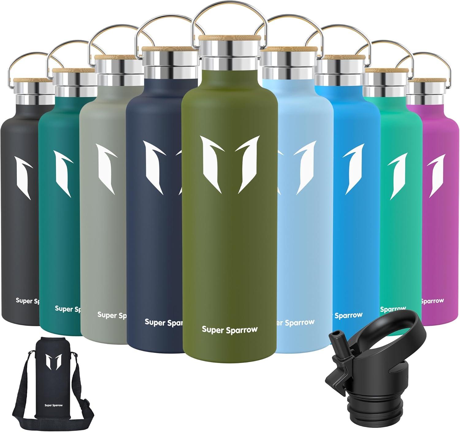 image:imageSuper Sparrow Gourde Isotherme Bouteille Isotherme 350ml500ml 620ml750ml1L tanche Sport Gourde INOX Bouche Standard Gourde Enfant sans BPA Pour Plein Air amp Quotidien Avec 2 BouchonsArme Verte