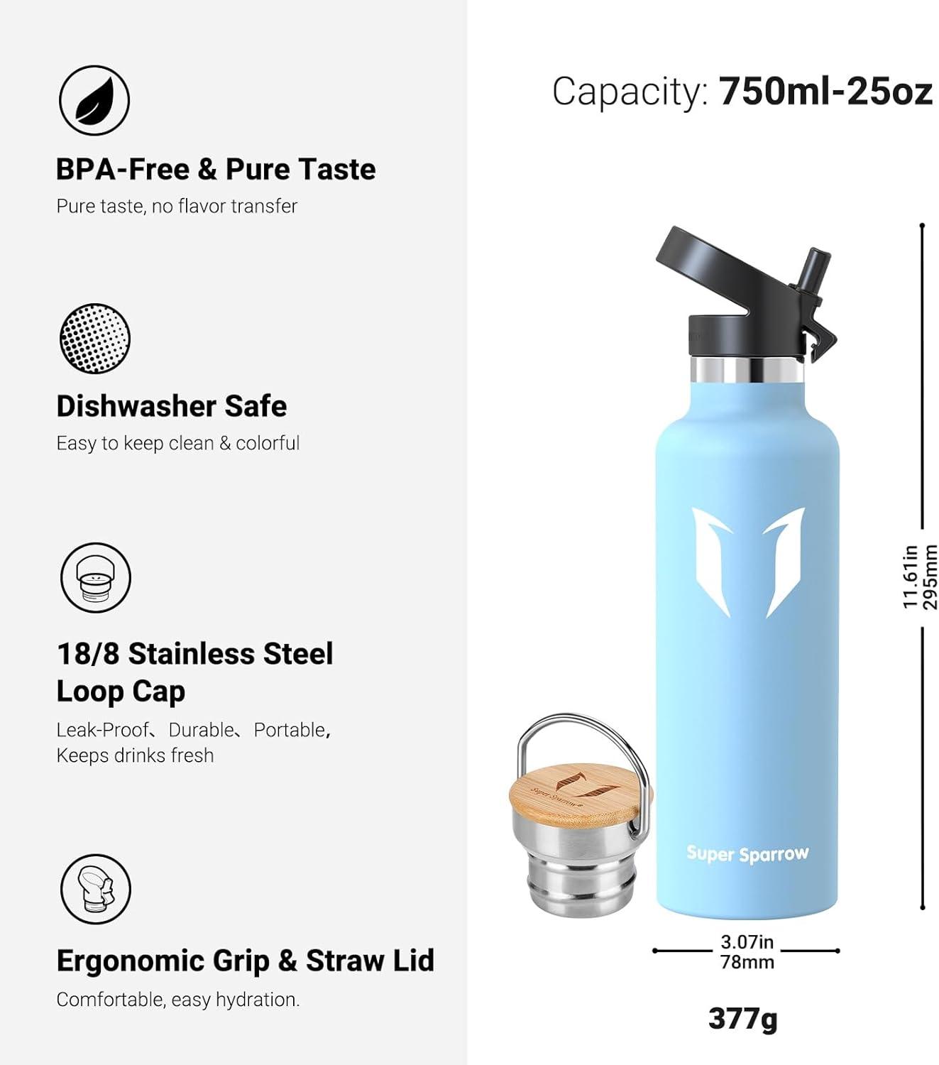 image:imageSuper Sparrow Gourde Isotherme Bouteille Isotherme 350ml500ml 620ml750ml1L tanche Sport Gourde INOX Bouche Standard Gourde Enfant sans BPA Pour Plein Air amp Quotidien Avec 2 BouchonsLe Givre