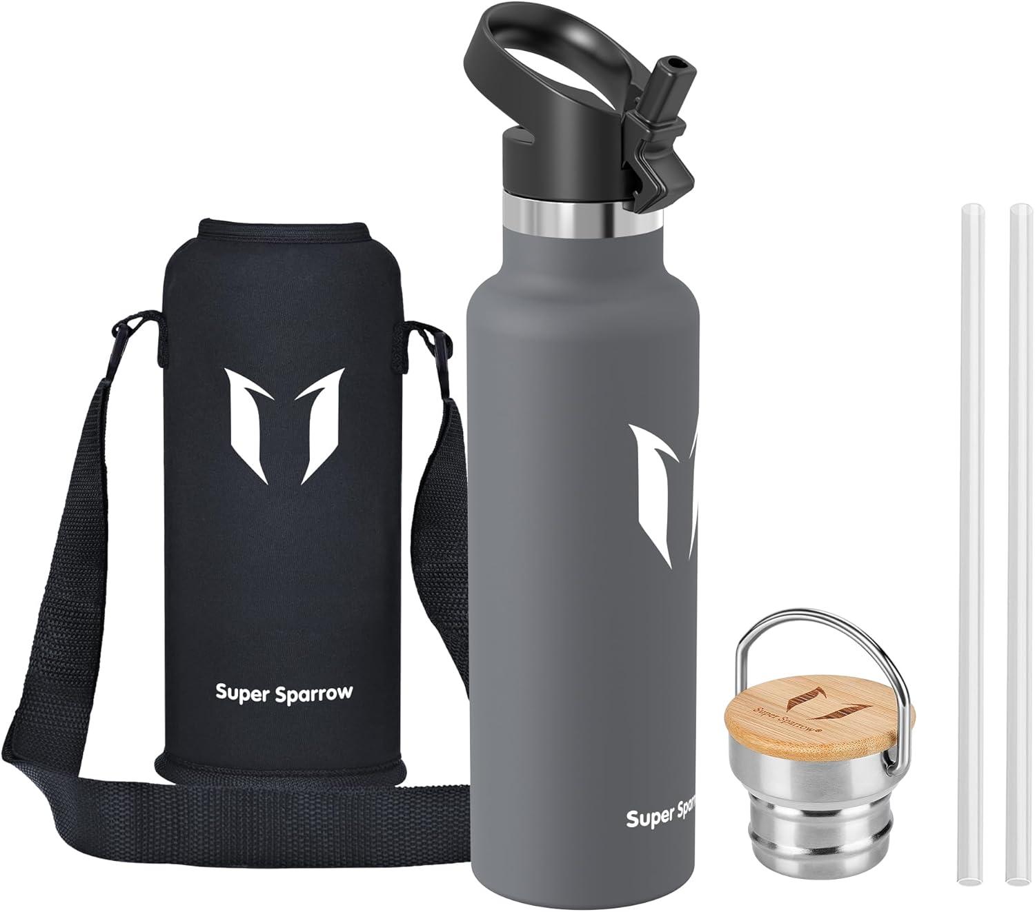 image:imageSuper Sparrow Gourde Isotherme Bouteille Isotherme 350ml500ml 620ml750ml1L tanche Sport Gourde INOX Bouche Standard Gourde Enfant sans BPA Pour Plein Air amp Quotidien Avec 2 BouchonsGris