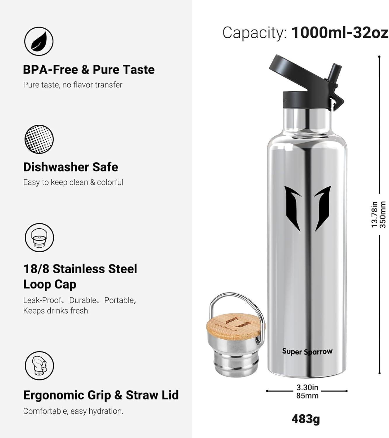 image:imageSuper Sparrow Gourde Isotherme Bouteille Isotherme 350ml500ml 620ml750ml1L tanche Sport Gourde INOX Bouche Standard Gourde Enfant sans BPA Pour Plein Air amp Quotidien Avec 2 BouchonsAcier Inoxydable