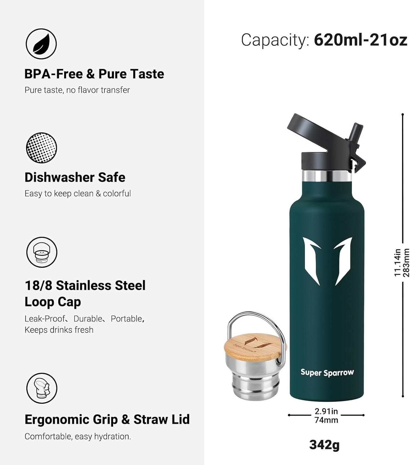 image:imageSuper Sparrow Gourde Isotherme Bouteille Isotherme 350ml500ml 620ml750ml1L tanche Sport Gourde INOX Bouche Standard Gourde Enfant sans BPA Pour Plein Air amp Quotidien Avec 2 BouchonsJade
