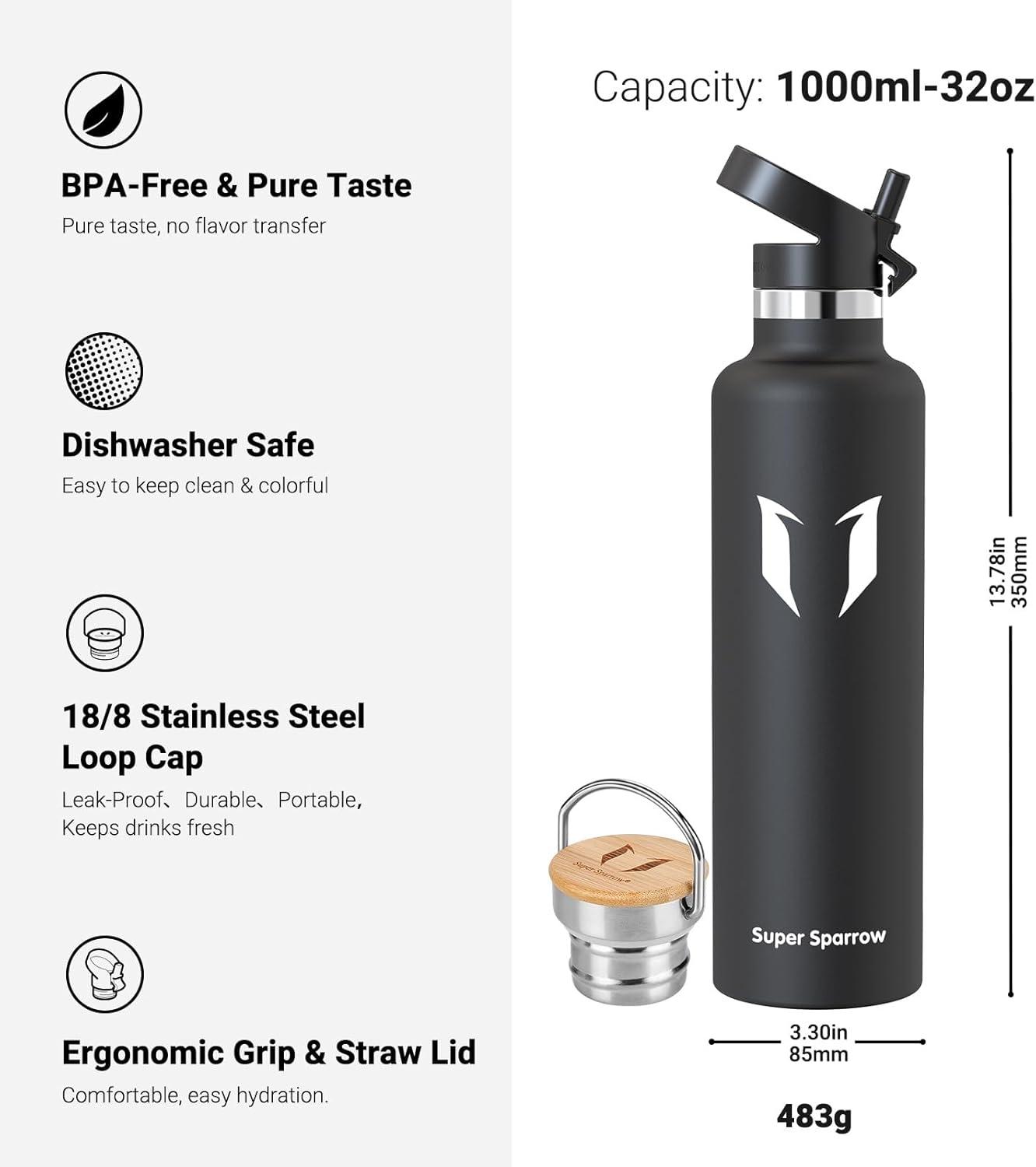 image:imageSuper Sparrow Gourde Isotherme Bouteille Isotherme 350ml500ml 620ml750ml1L tanche Sport Gourde INOX Bouche Standard Gourde Enfant sans BPA Pour Plein Air amp Quotidien Avec 2 BouchonsNoir