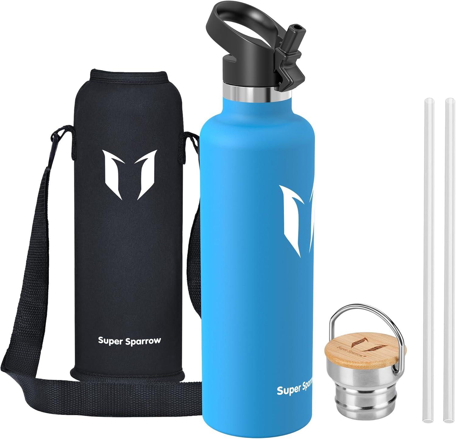 image:imageSuper Sparrow Gourde Isotherme Bouteille Isotherme 350ml500ml 620ml750ml1L tanche Sport Gourde INOX Bouche Standard Gourde Enfant sans BPA Pour Plein Air amp Quotidien Avec 2 BouchonsBleu