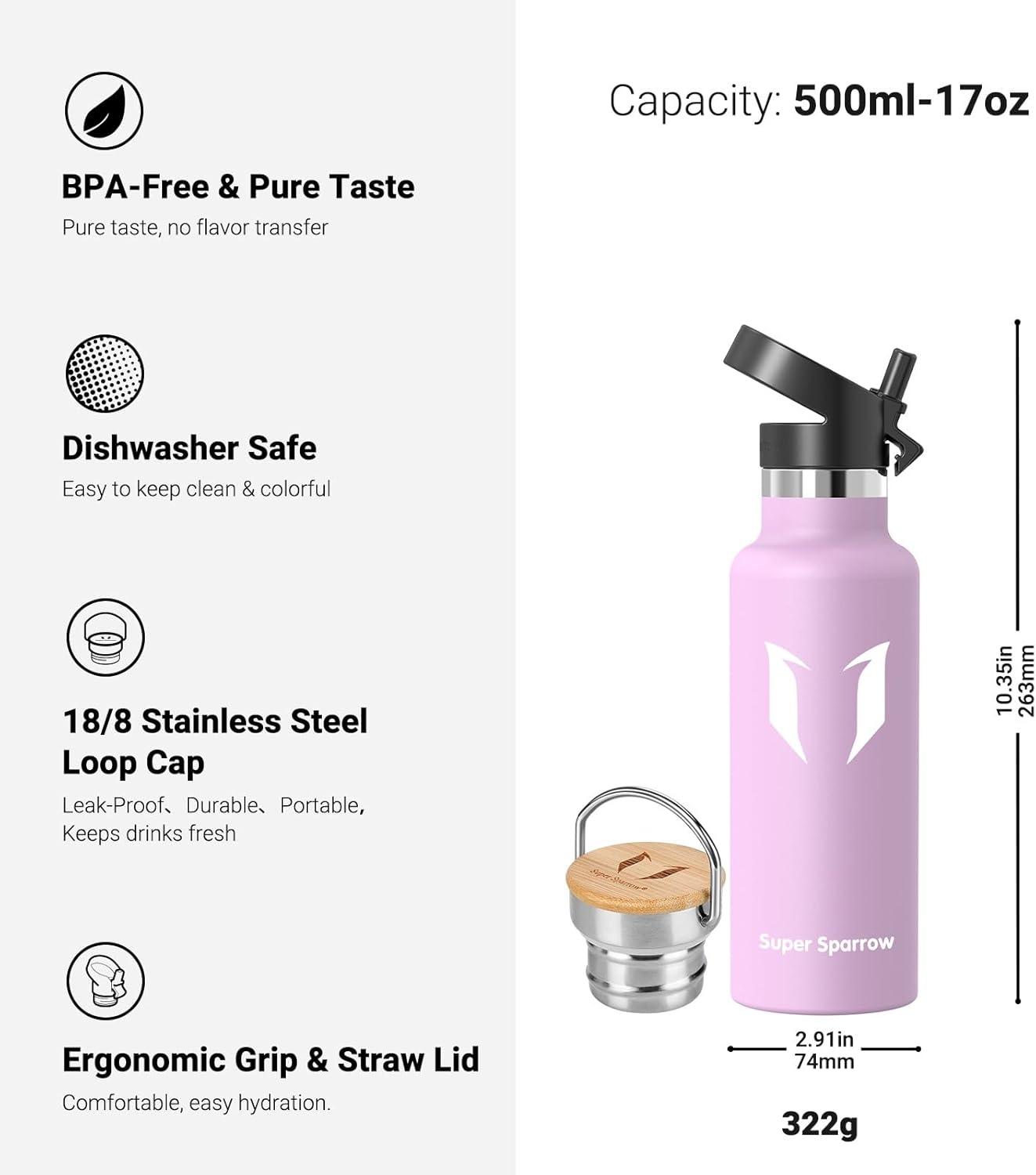 image:imageSuper Sparrow Gourde Isotherme Bouteille Isotherme 350ml500ml 620ml750ml1L tanche Sport Gourde INOX Bouche Standard Gourde Enfant sans BPA Pour Plein Air amp Quotidien Avec 2 BouchonsFleurs de Cerisier