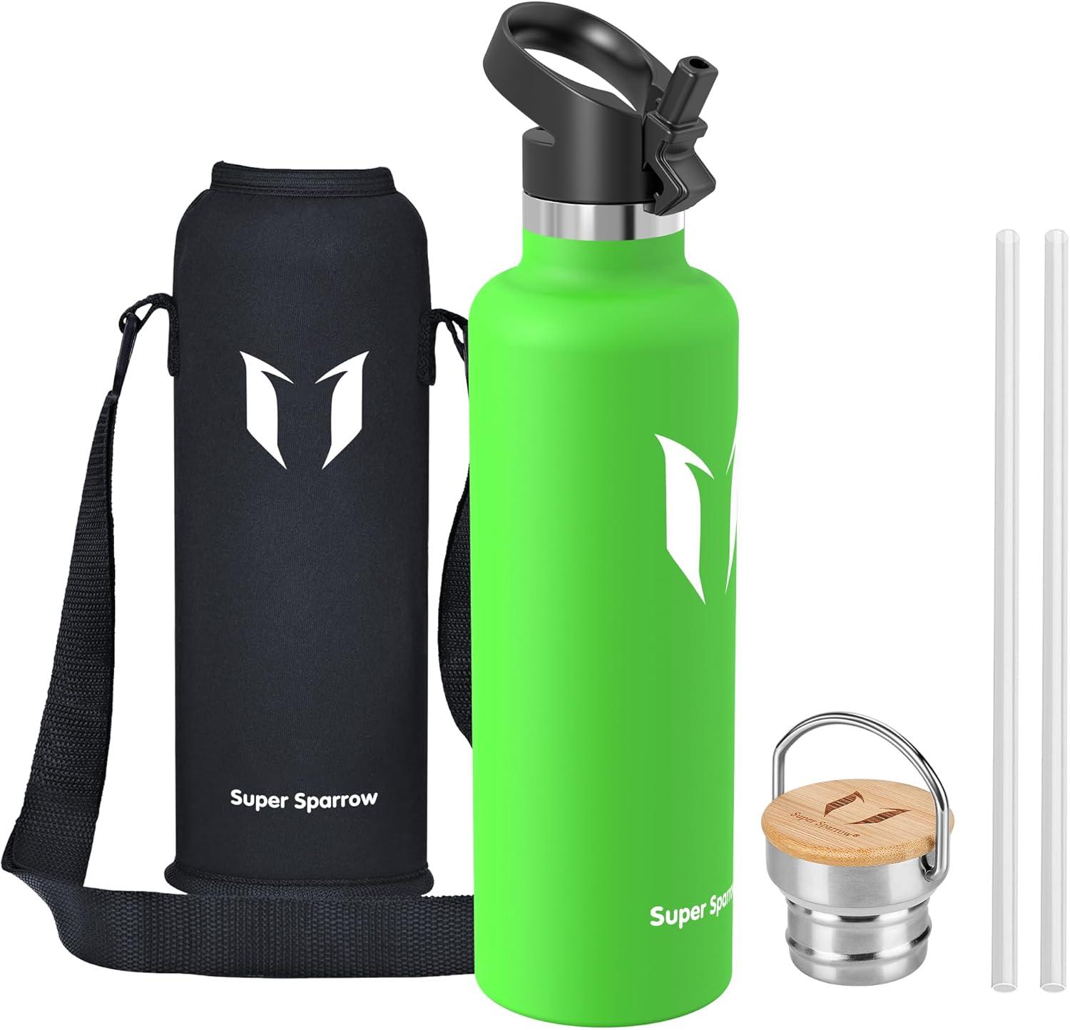 image:imageSuper Sparrow Gourde Isotherme Bouteille Isotherme 350ml500ml 620ml750ml1L tanche Sport Gourde INOX Bouche Standard Gourde Enfant sans BPA Pour Plein Air amp Quotidien Avec 2 BouchonsPomme Verte