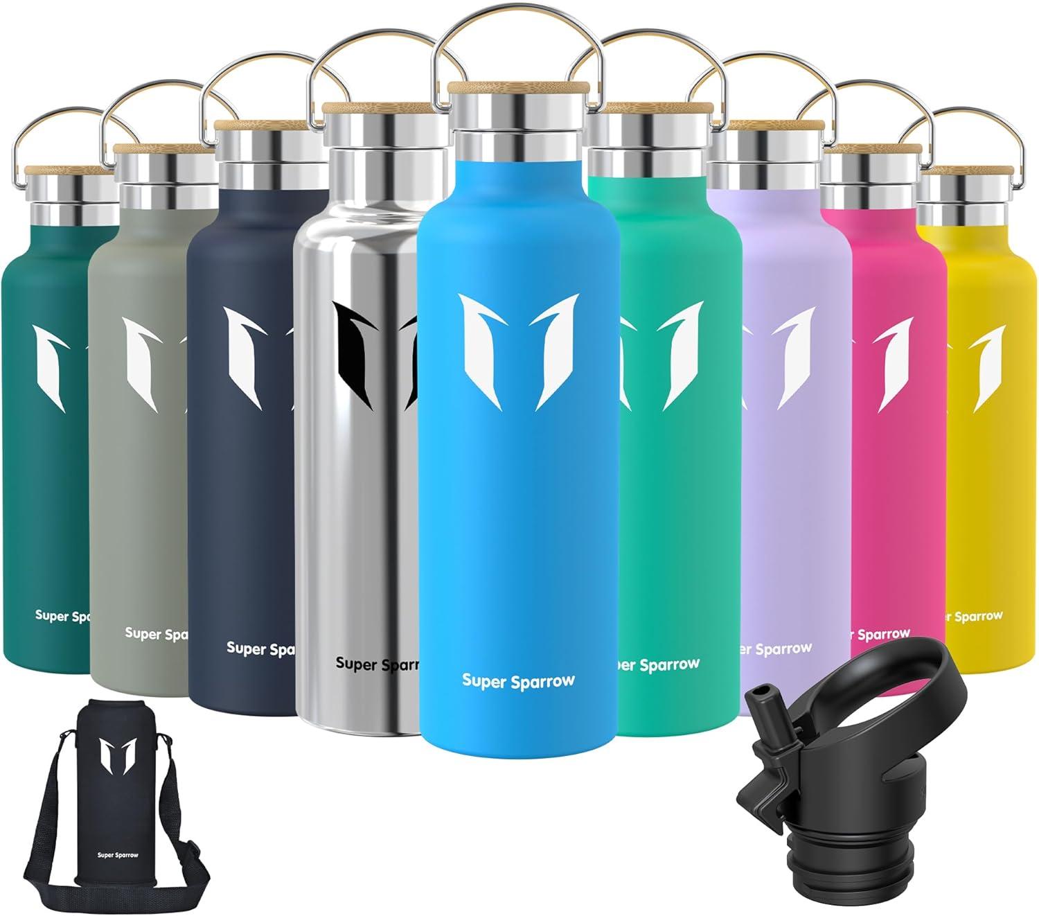 image:imageSuper Sparrow Gourde Isotherme Bouteille Isotherme 350ml500ml 620ml750ml1L tanche Sport Gourde INOX Bouche Standard Gourde Enfant sans BPA Pour Plein Air amp Quotidien Avec 2 BouchonsBleu