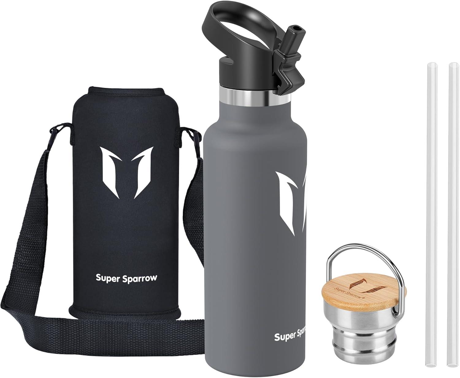 image:imageSuper Sparrow Gourde Isotherme Bouteille Isotherme 350ml500ml 620ml750ml1L tanche Sport Gourde INOX Bouche Standard Gourde Enfant sans BPA Pour Plein Air amp Quotidien Avec 2 BouchonsGris