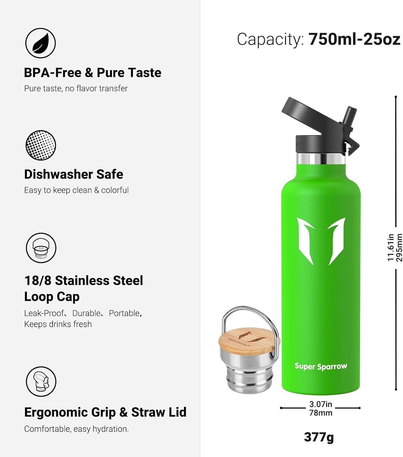image:imageSuper Sparrow Gourde Isotherme Bouteille Isotherme 350ml500ml 620ml750ml1L tanche Sport Gourde INOX Bouche Standard Gourde Enfant sans BPA Pour Plein Air amp Quotidien Avec 2 BouchonsPomme Verte