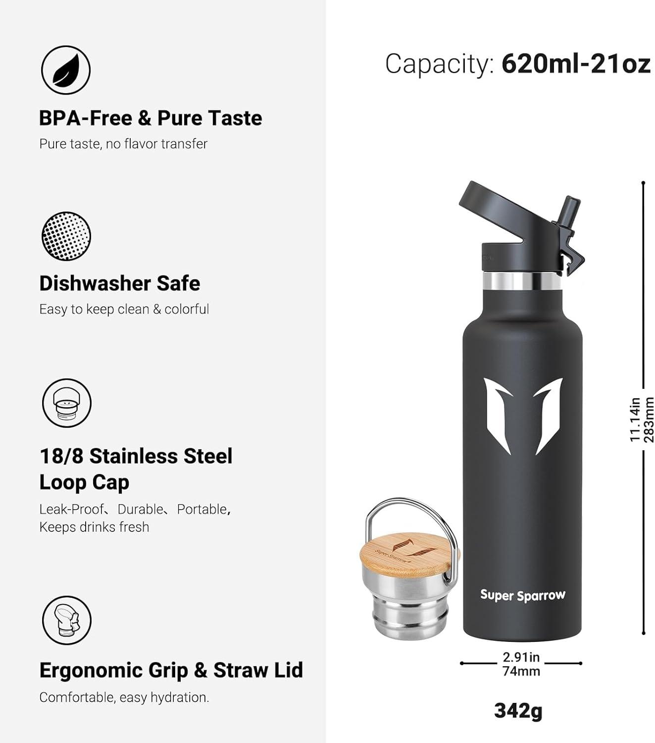 image:imageSuper Sparrow Gourde Isotherme Bouteille Isotherme 350ml500ml 620ml750ml1L tanche Sport Gourde INOX Bouche Standard Gourde Enfant sans BPA Pour Plein Air amp Quotidien Avec 2 BouchonsNoir
