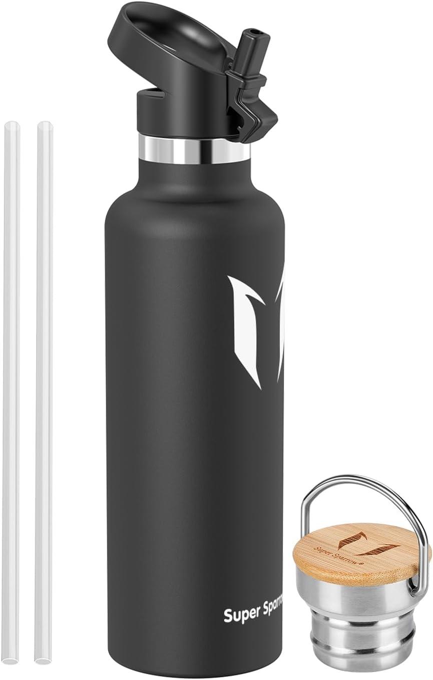 image:imageSuper Sparrow Gourde Isotherme Bouteille Isotherme 350ml500ml 620ml750ml1L tanche Sport Gourde INOX Bouche Standard Gourde Enfant sans BPA Pour Plein Air amp Quotidien Avec 2 BouchonsNoir