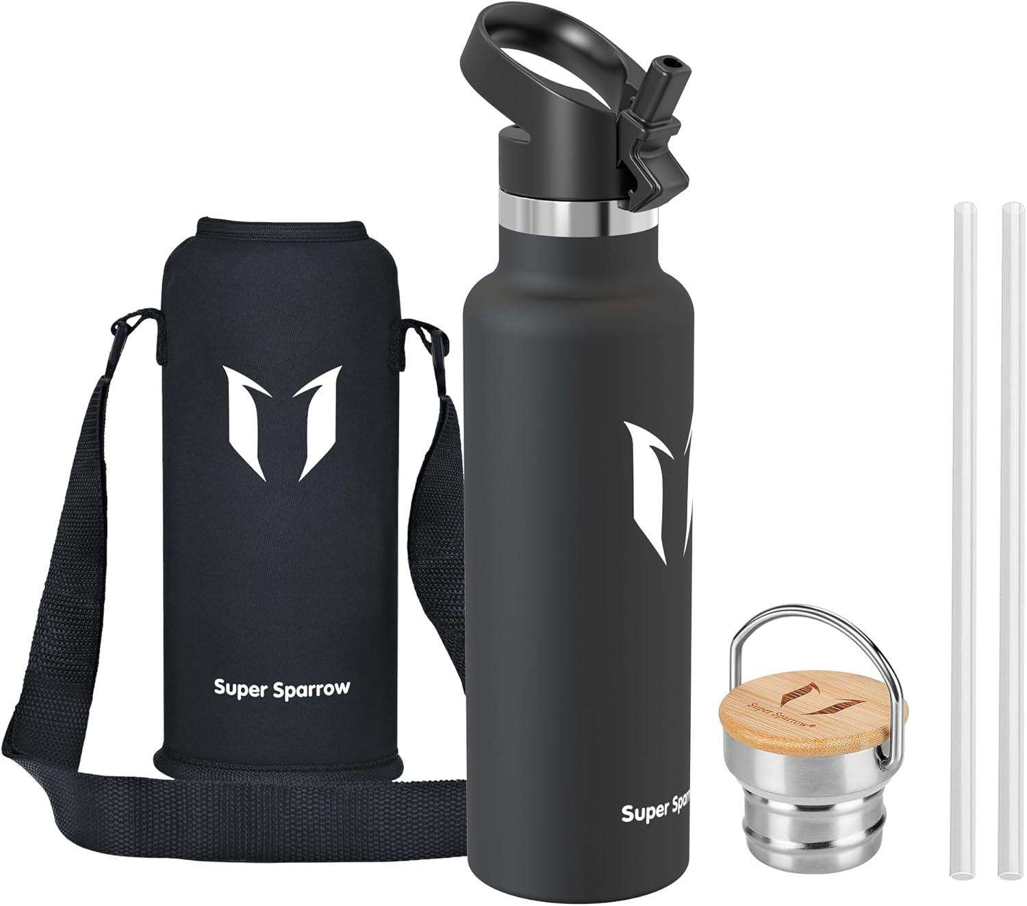 image:imageSuper Sparrow Gourde Isotherme Bouteille Isotherme 350ml500ml 620ml750ml1L tanche Sport Gourde INOX Bouche Standard Gourde Enfant sans BPA Pour Plein Air amp Quotidien Avec 2 BouchonsNoir