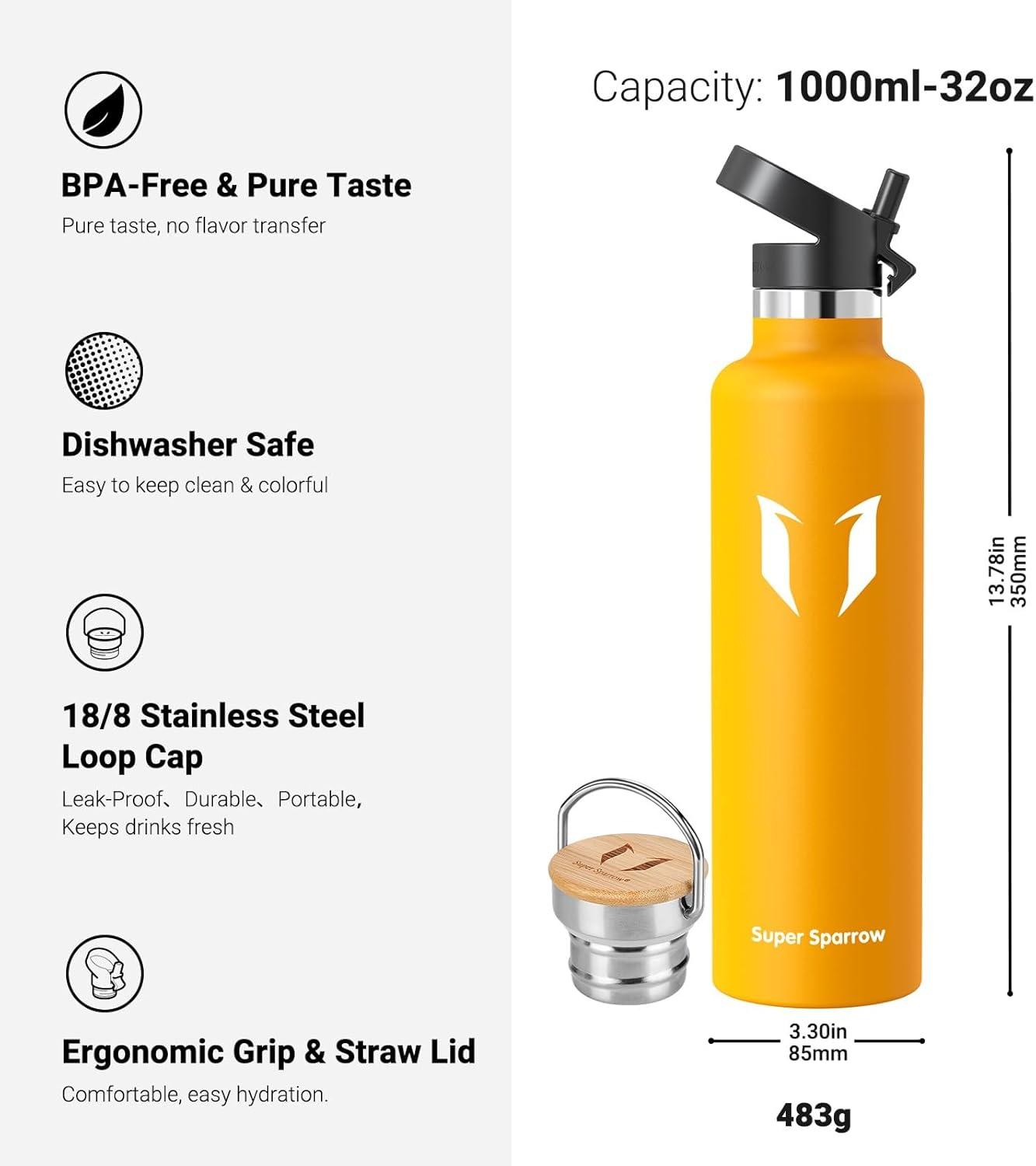 image:imageSuper Sparrow Gourde Isotherme Bouteille Isotherme 350ml500ml 620ml750ml1L tanche Sport Gourde INOX Bouche Standard Gourde Enfant sans BPA Pour Plein Air amp Quotidien Avec 2 BouchonsMangue