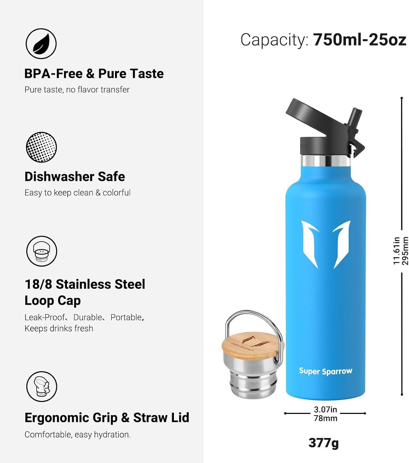 image:imageSuper Sparrow Gourde Isotherme Bouteille Isotherme 350ml500ml 620ml750ml1L tanche Sport Gourde INOX Bouche Standard Gourde Enfant sans BPA Pour Plein Air amp Quotidien Avec 2 BouchonsBleu